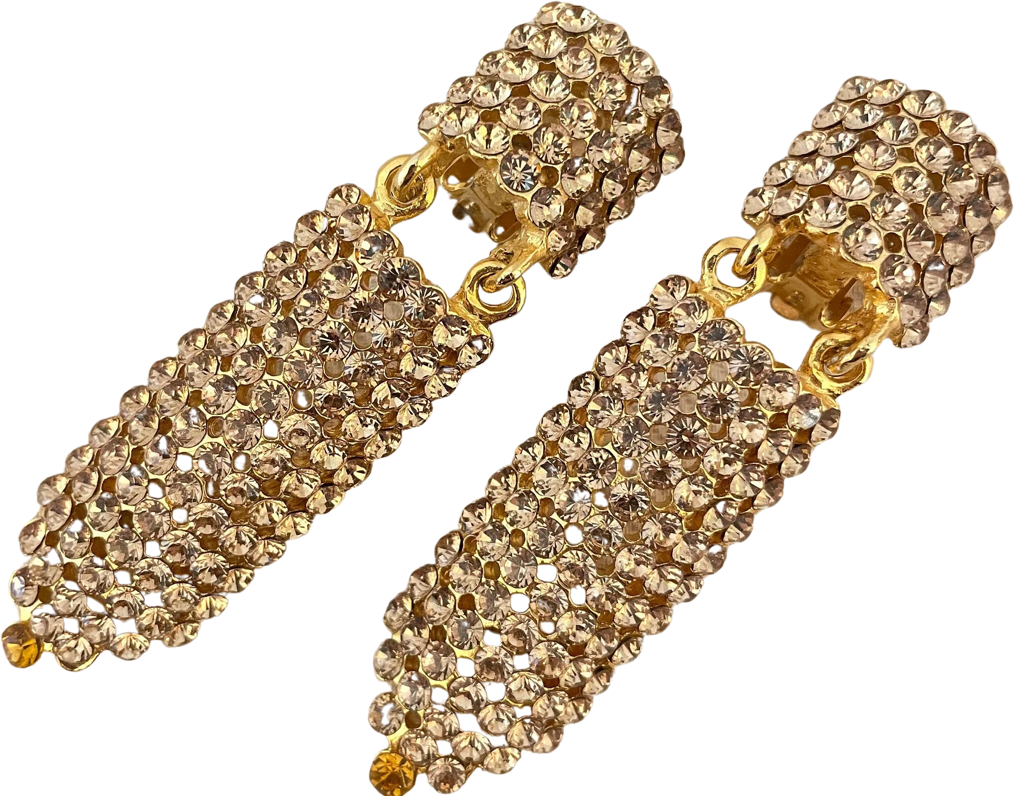 Huge Champagne Crystal Sparkling Deco Long Drop Clip On Statement Earrings