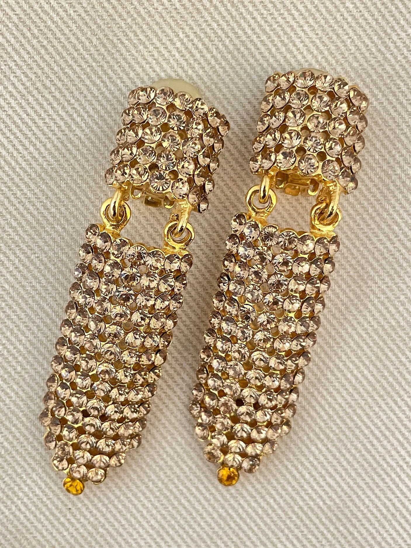 Huge Champagne Crystal Sparkling Deco Long Drop Clip On Statement Earrings - Image 2