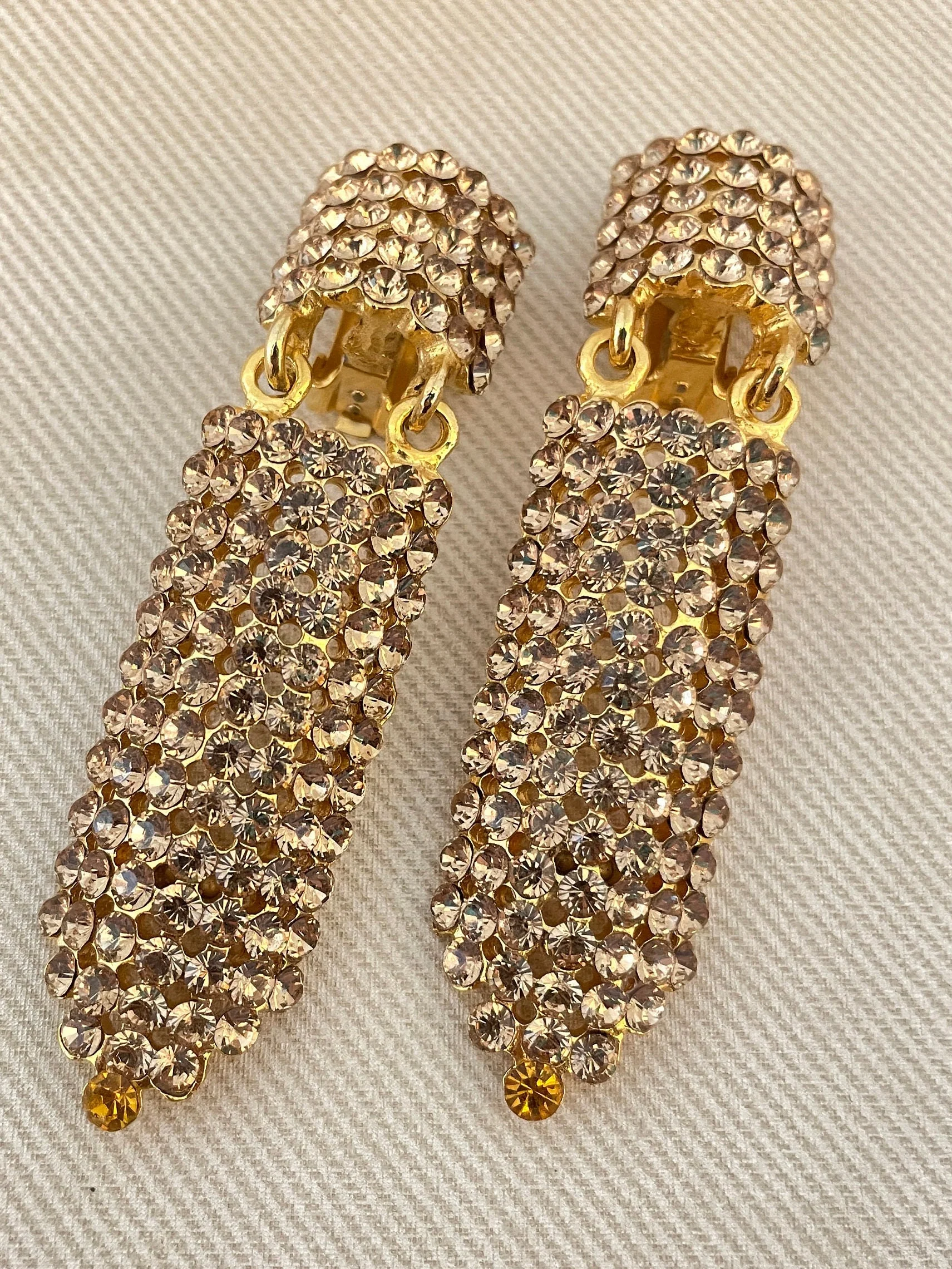 Huge Champagne Crystal Sparkling Deco Long Drop Clip On Statement Earrings - Image 3