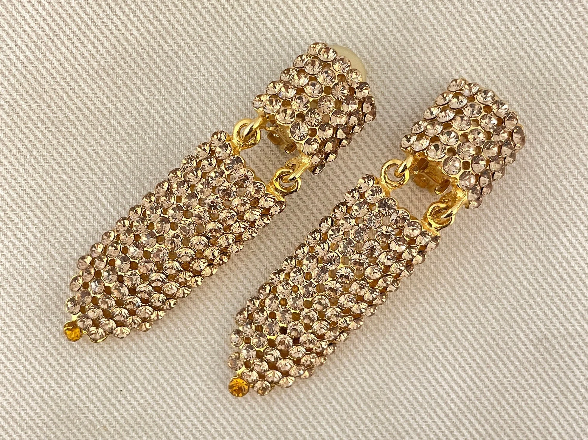 Huge Champagne Crystal Sparkling Deco Long Drop Clip On Statement Earrings - Image 4