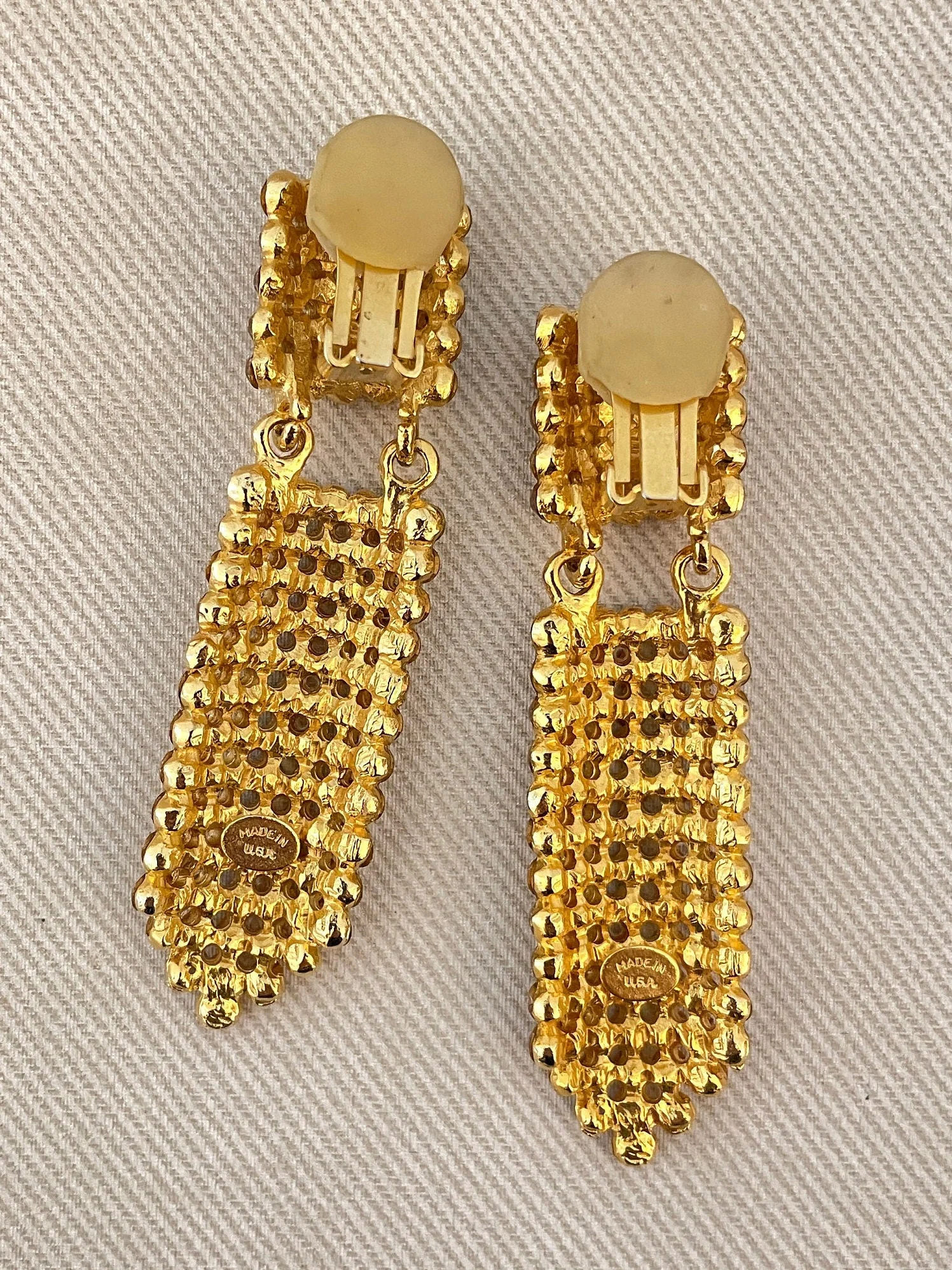 Huge Champagne Crystal Sparkling Deco Long Drop Clip On Statement Earrings - Image 5