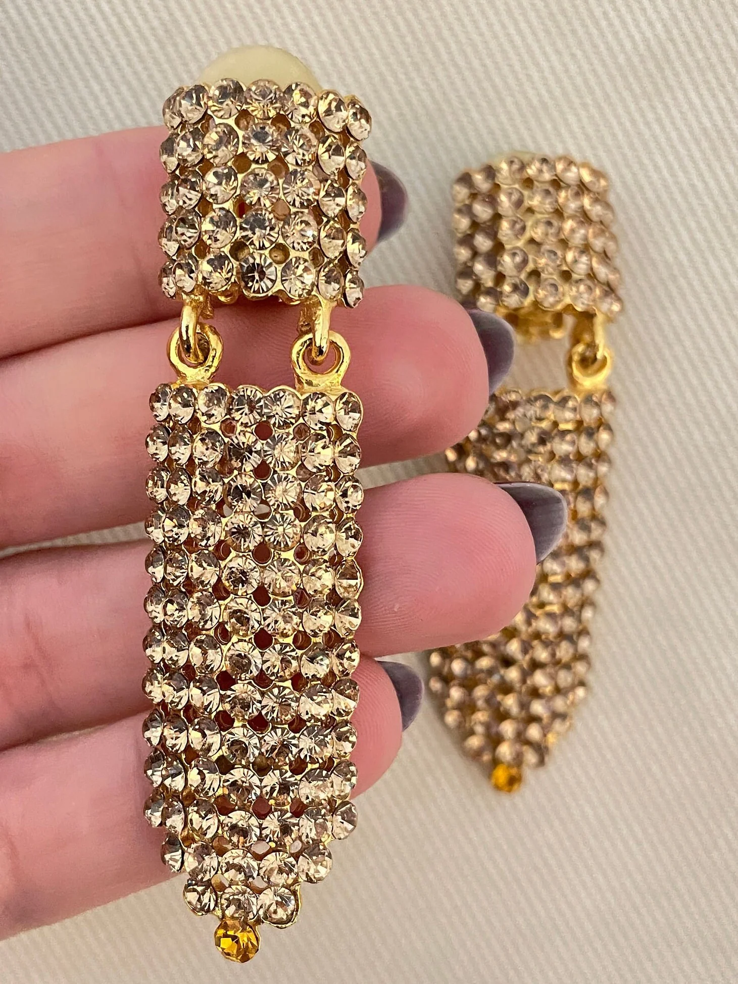 Huge Champagne Crystal Sparkling Deco Long Drop Clip On Statement Earrings - Image 7