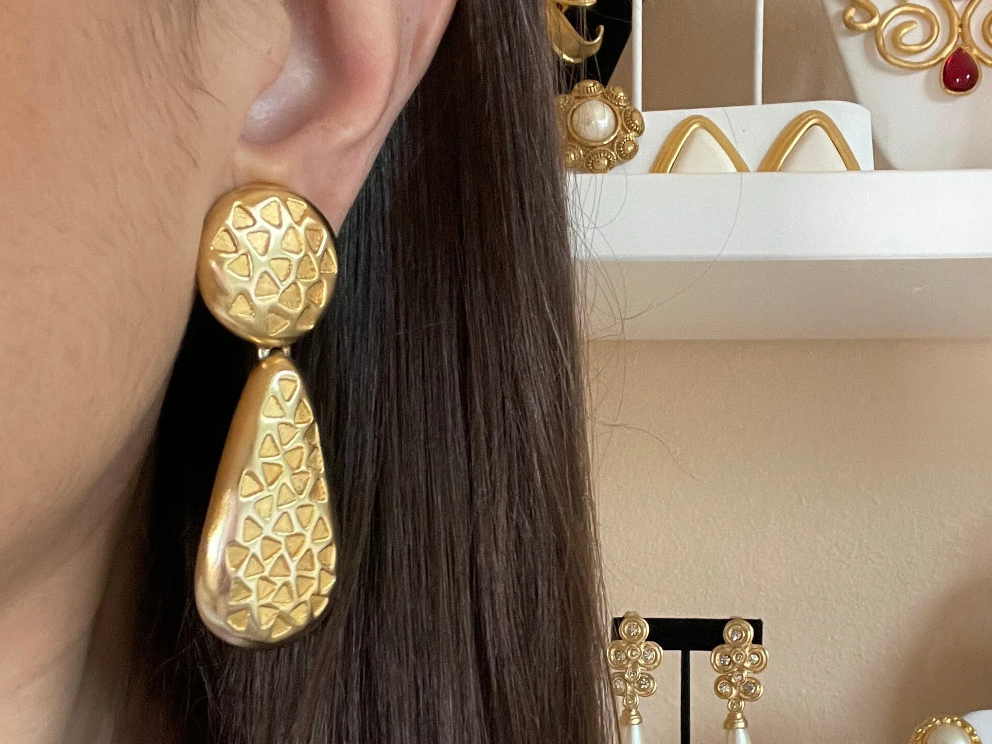 Huge Etruscan Byzantine Print Dangle Drop Clip-On Statement Earrings - Image 2
