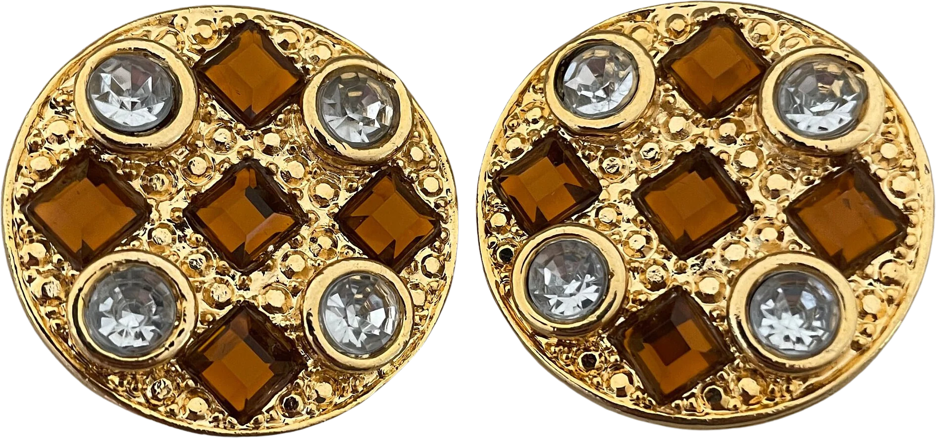 Huge Etruscan Medallion Statement Earrings Bejeweled with Faux Amber and Diamond Stones