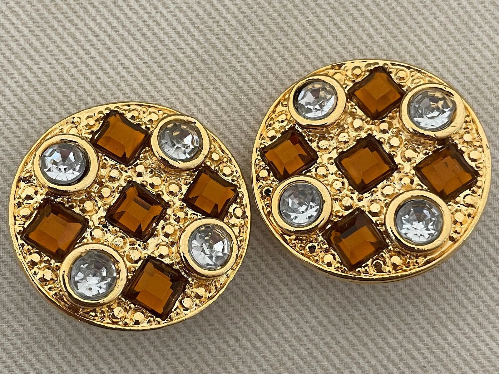 Huge Etruscan Medallion Statement Earrings Bejeweled with Faux Amber and Diamond Stones - Image 2