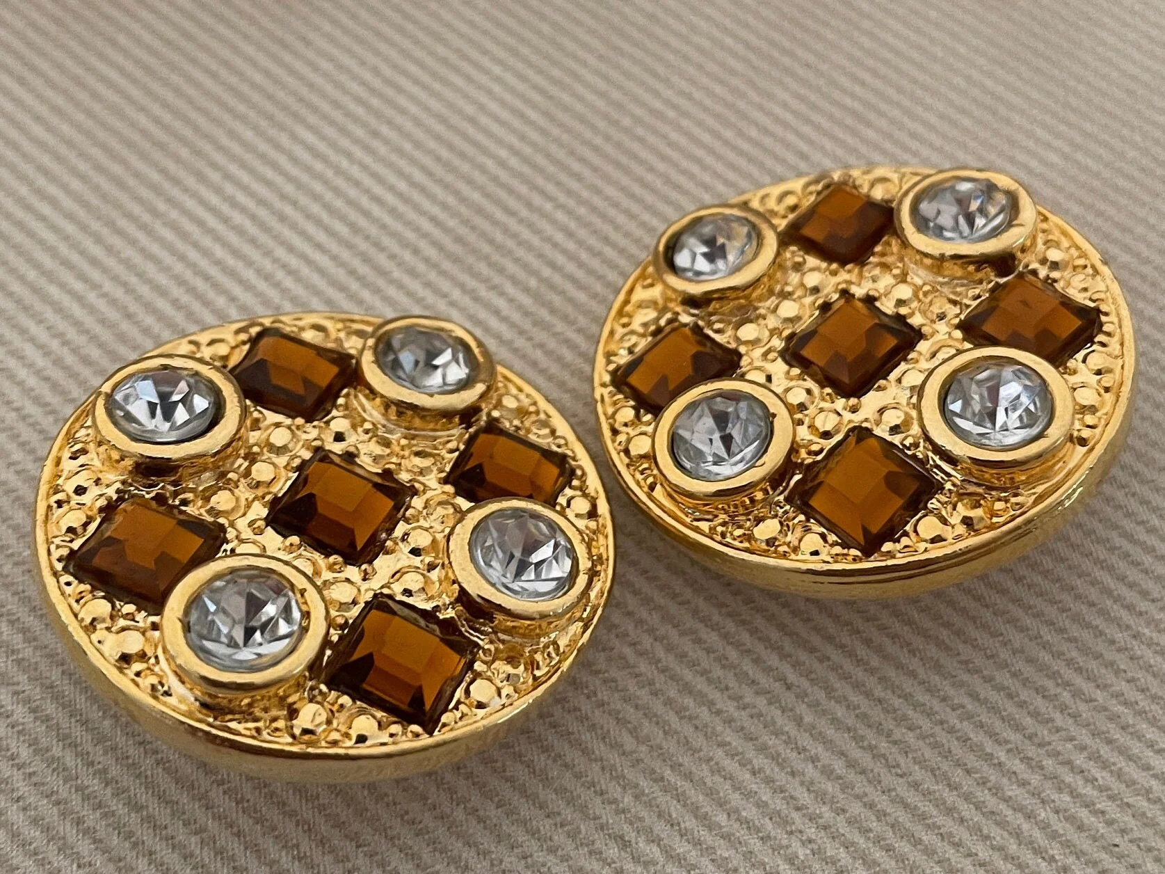 Huge Etruscan Medallion Statement Earrings Bejeweled with Faux Amber and Diamond Stones - Image 3