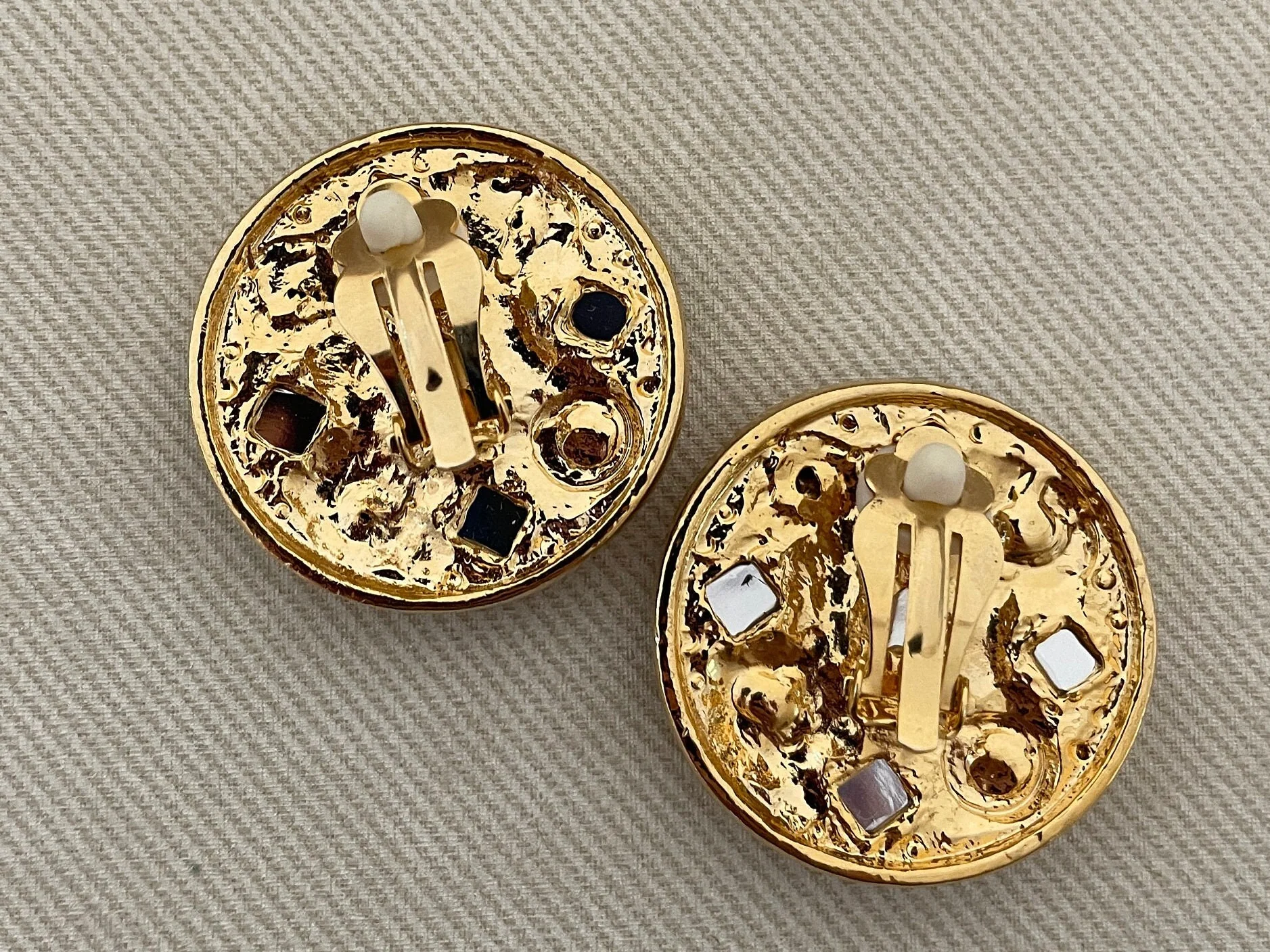 Huge Etruscan Medallion Statement Earrings Bejeweled with Faux Amber and Diamond Stones - Image 4