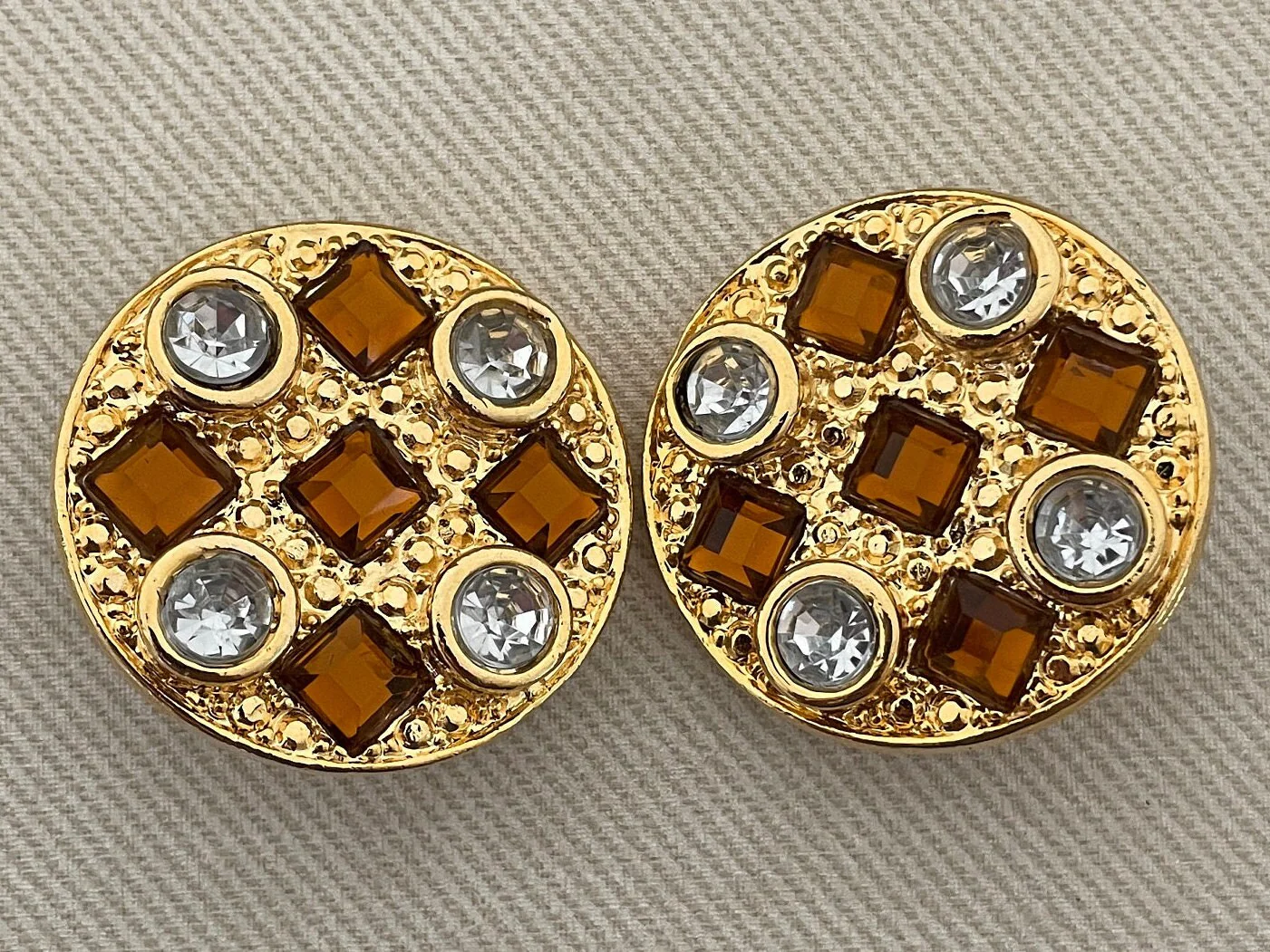 Huge Etruscan Medallion Statement Earrings Bejeweled with Faux Amber and Diamond Stones - Image 5