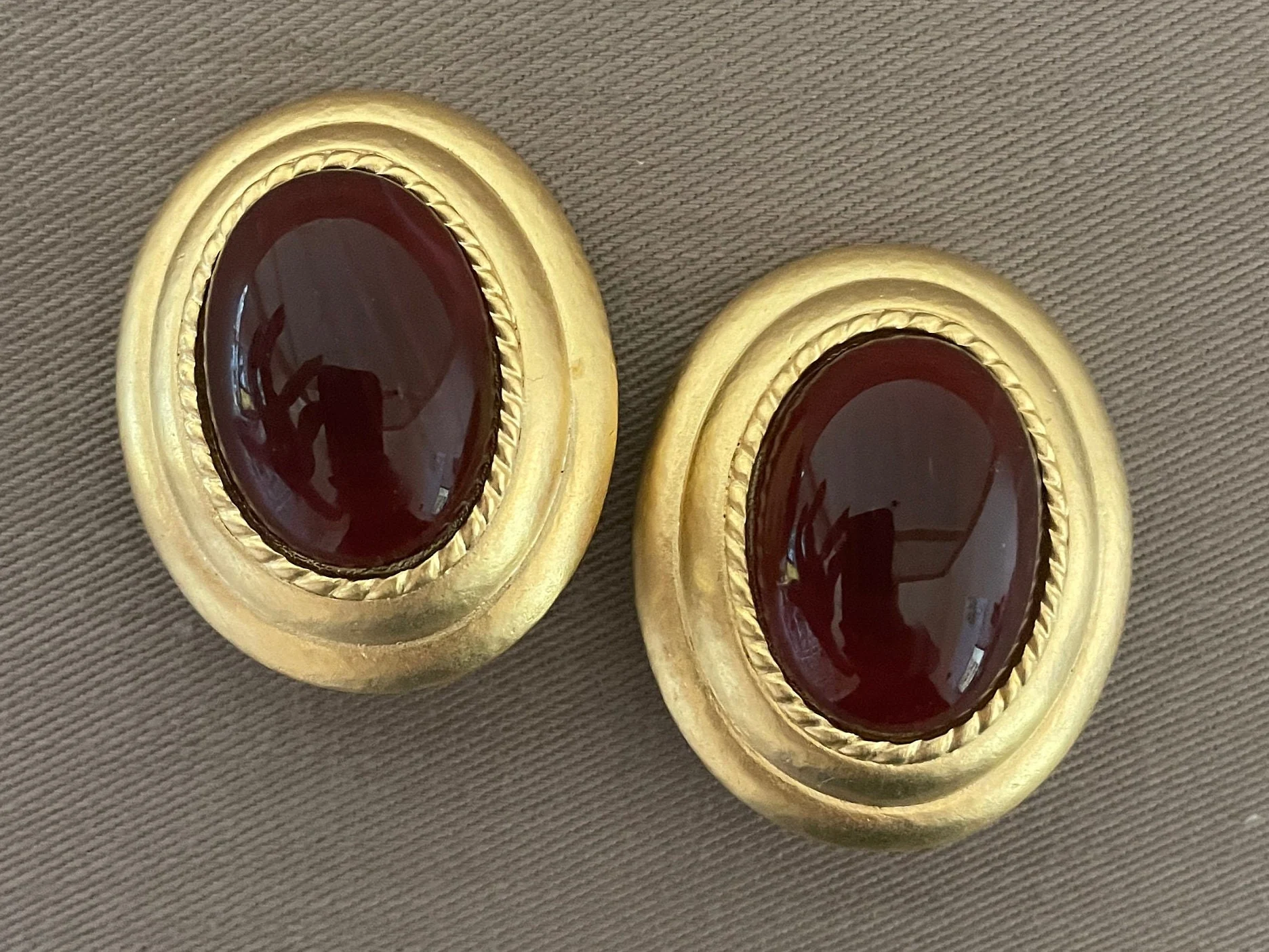 Huge Ruby Red Glass Cabochons Byzantine Matte Gold Clip On Statement Earrings - Image 2