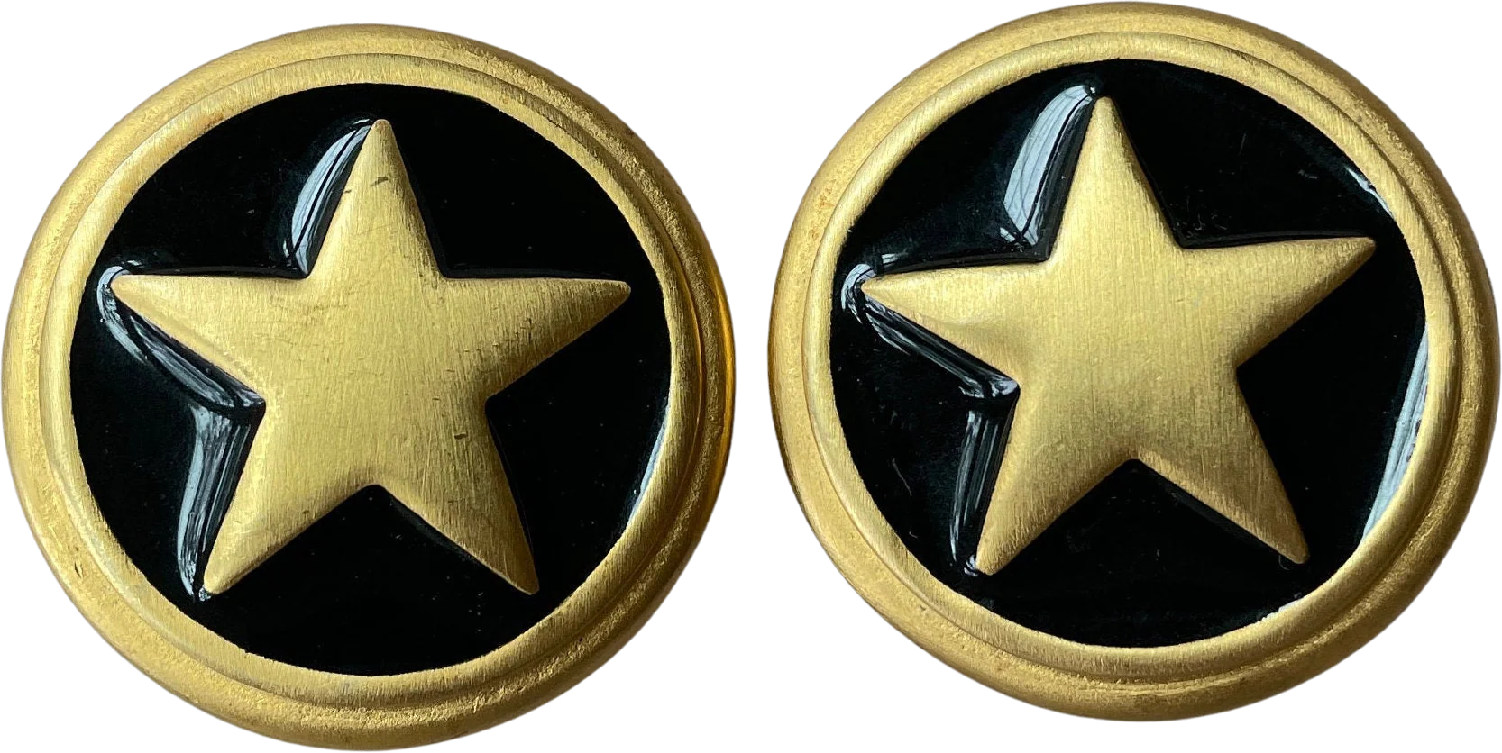 Huge Star Clip On Statement Earrings 1 5/8" Diameter Black Enamel Matte Gold Stars Celestial Motif