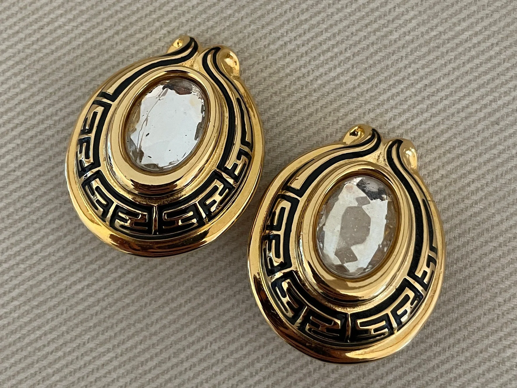 Iconic Signed Glass Crystal Mirrored Stone Clip On Statement Earrings High End Designer Vintage by Fendi - Image 6
