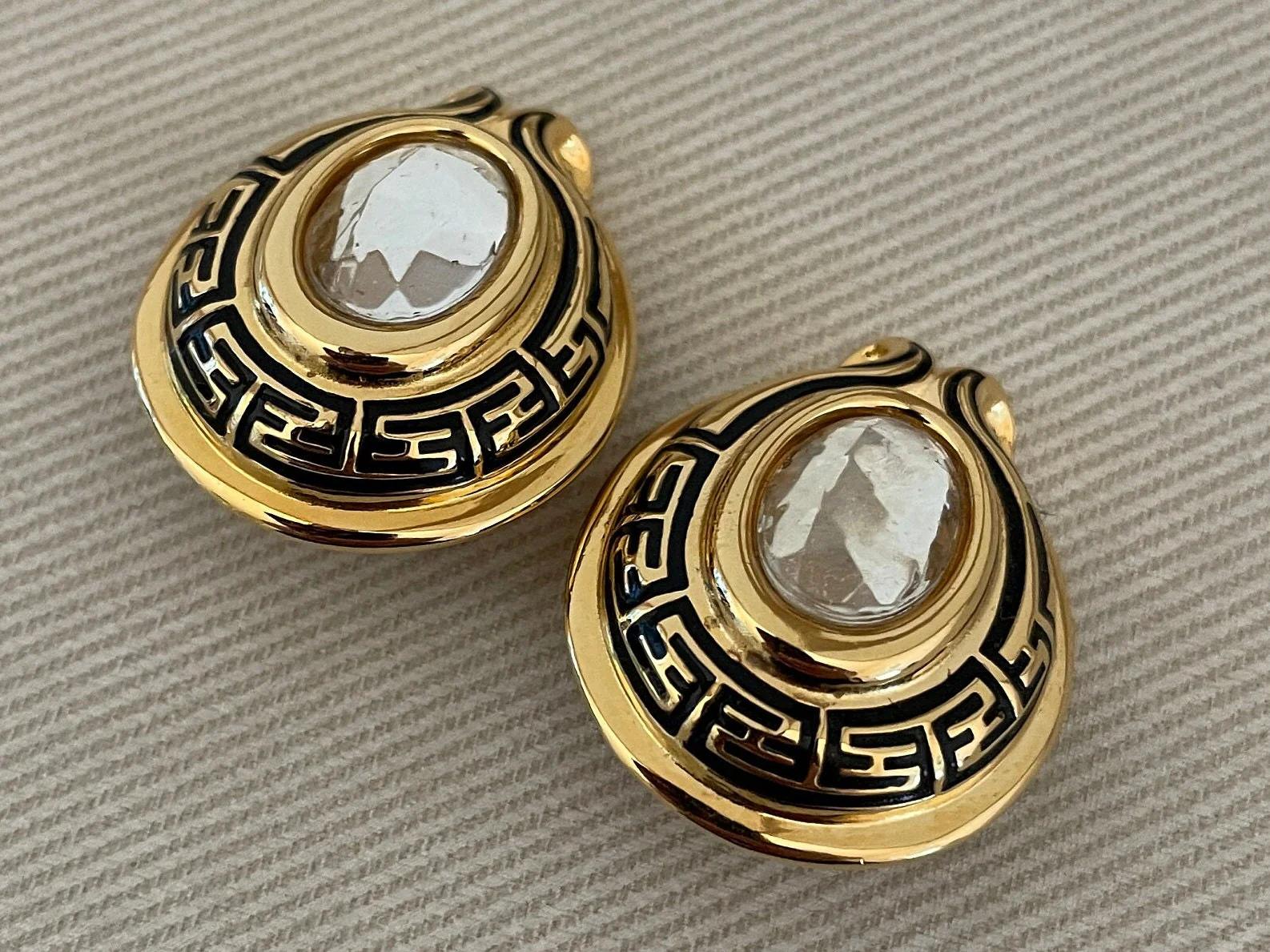 Iconic Signed Glass Crystal Mirrored Stone Clip On Statement Earrings High End Designer Vintage by Fendi - Image 7