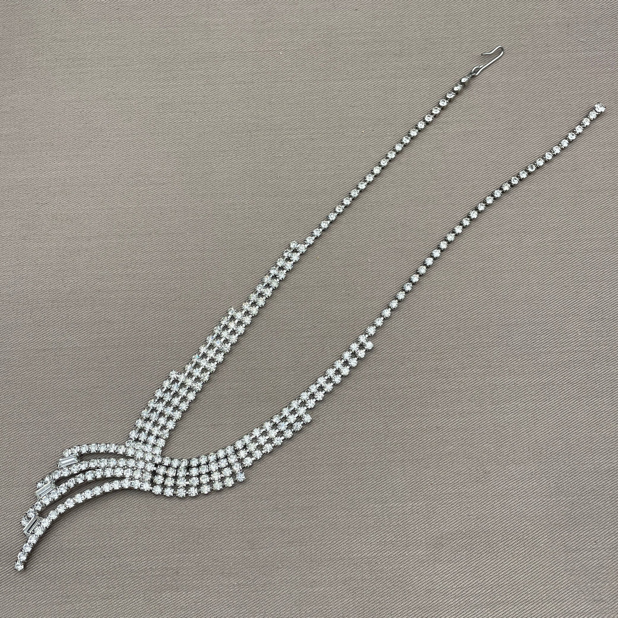 Icy Art Deco Rhinestone Crystal Statement Necklace Adjustable Length 60s Vintage Choker - Image 3