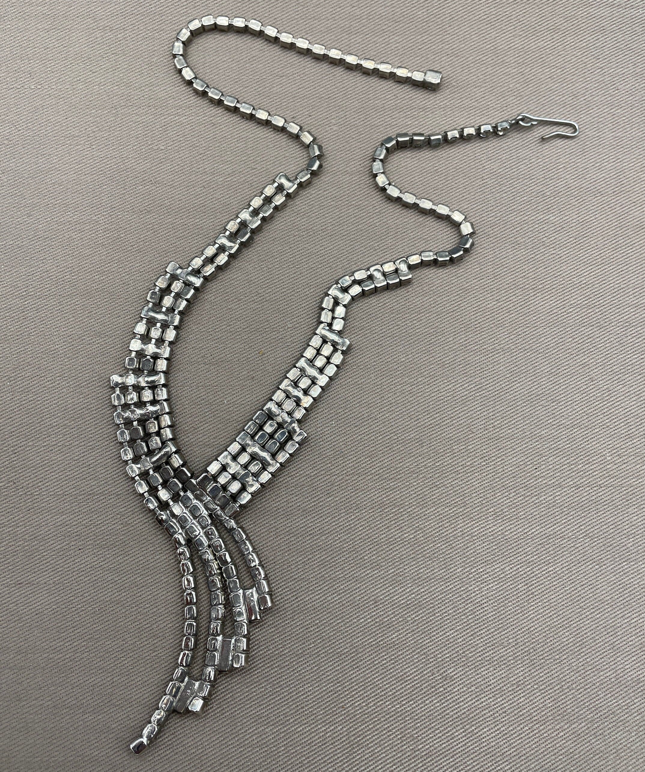 Icy Art Deco Rhinestone Crystal Statement Necklace Adjustable Length 60s Vintage Choker - Image 7