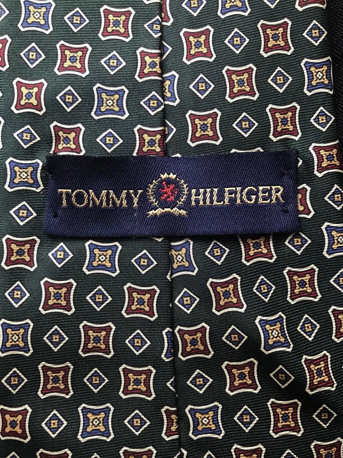 Imported Italian Silk Tie Green and Red with Square Diamond Design by Tommy Hilfiger - Image 2