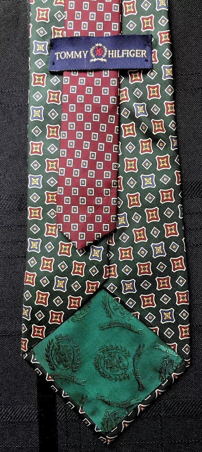 Imported Italian Silk Tie Green and Red with Square Diamond Design by Tommy Hilfiger - Image 6