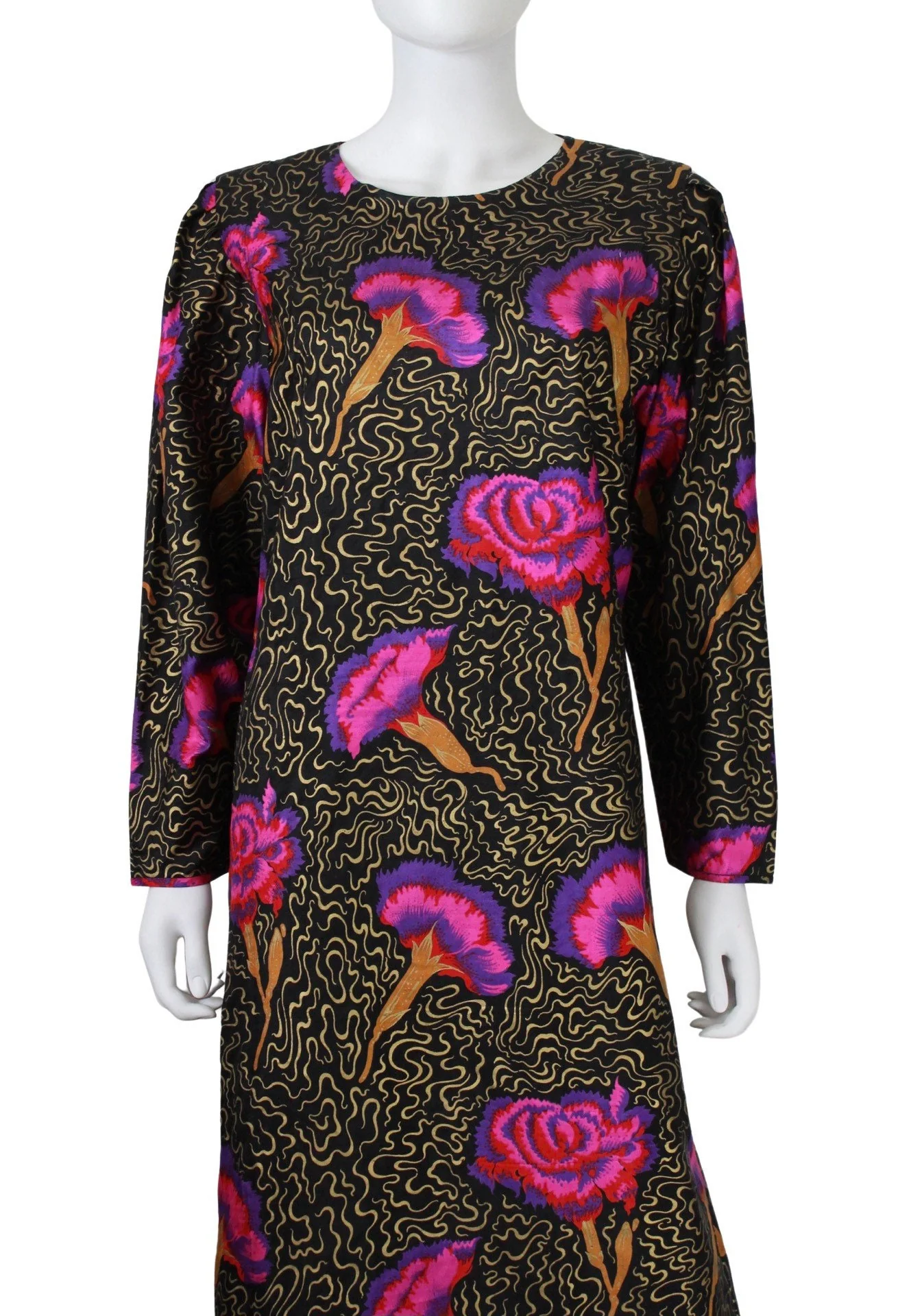 Incredible 80s Vivid Pink Floral Hand Painted Black Silk Dress - Image 3