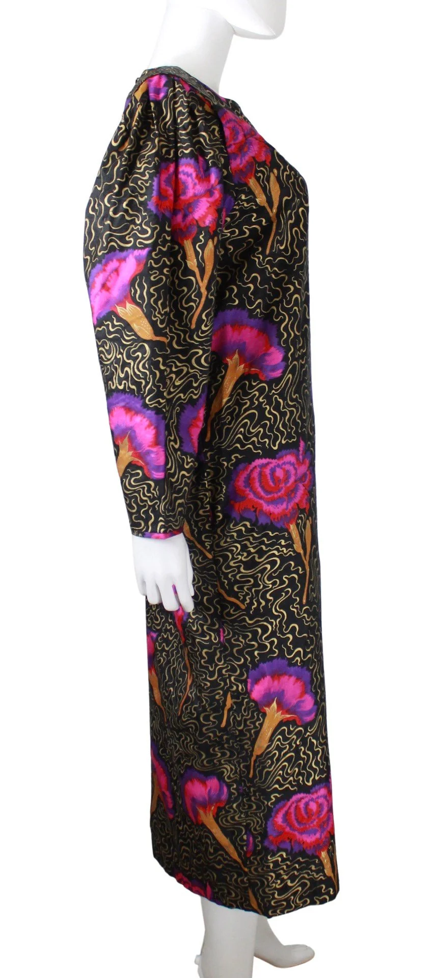 Incredible 80s Vivid Pink Floral Hand Painted Black Silk Dress - Image 6