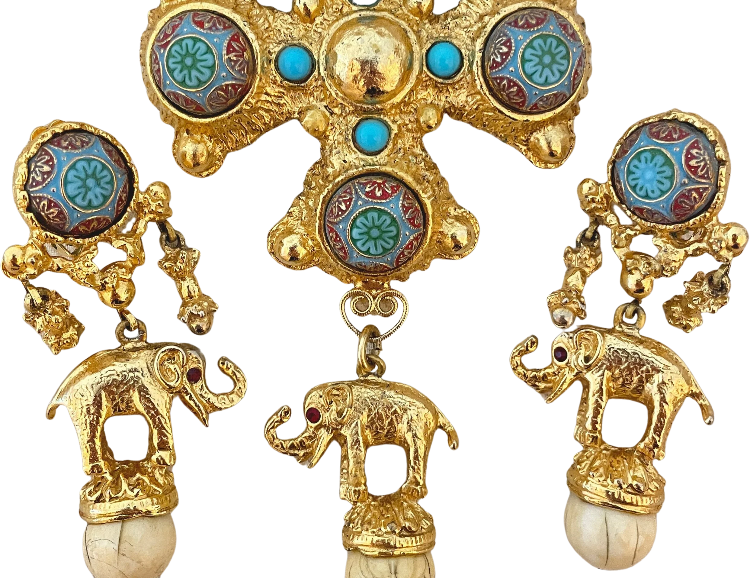 Incredible Byzantine Maltese Cross with Carved Faux Turquoise Cabochons and Lucky Elephant Motif Charms Vintage Jewelry Set