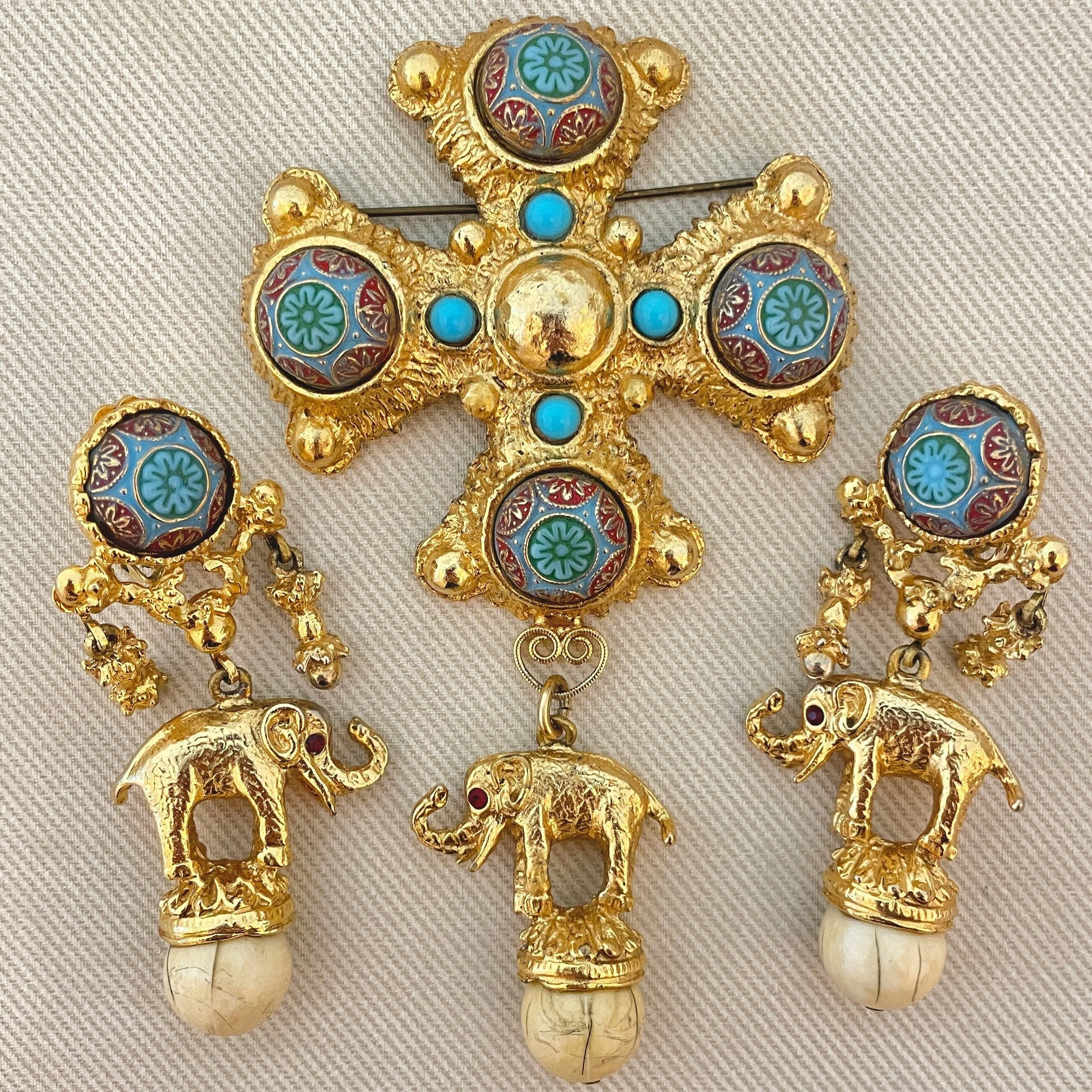 Incredible Byzantine Maltese Cross with Carved Faux Turquoise Cabochons and Lucky Elephant Motif Charms Vintage Jewelry Set - Image 2
