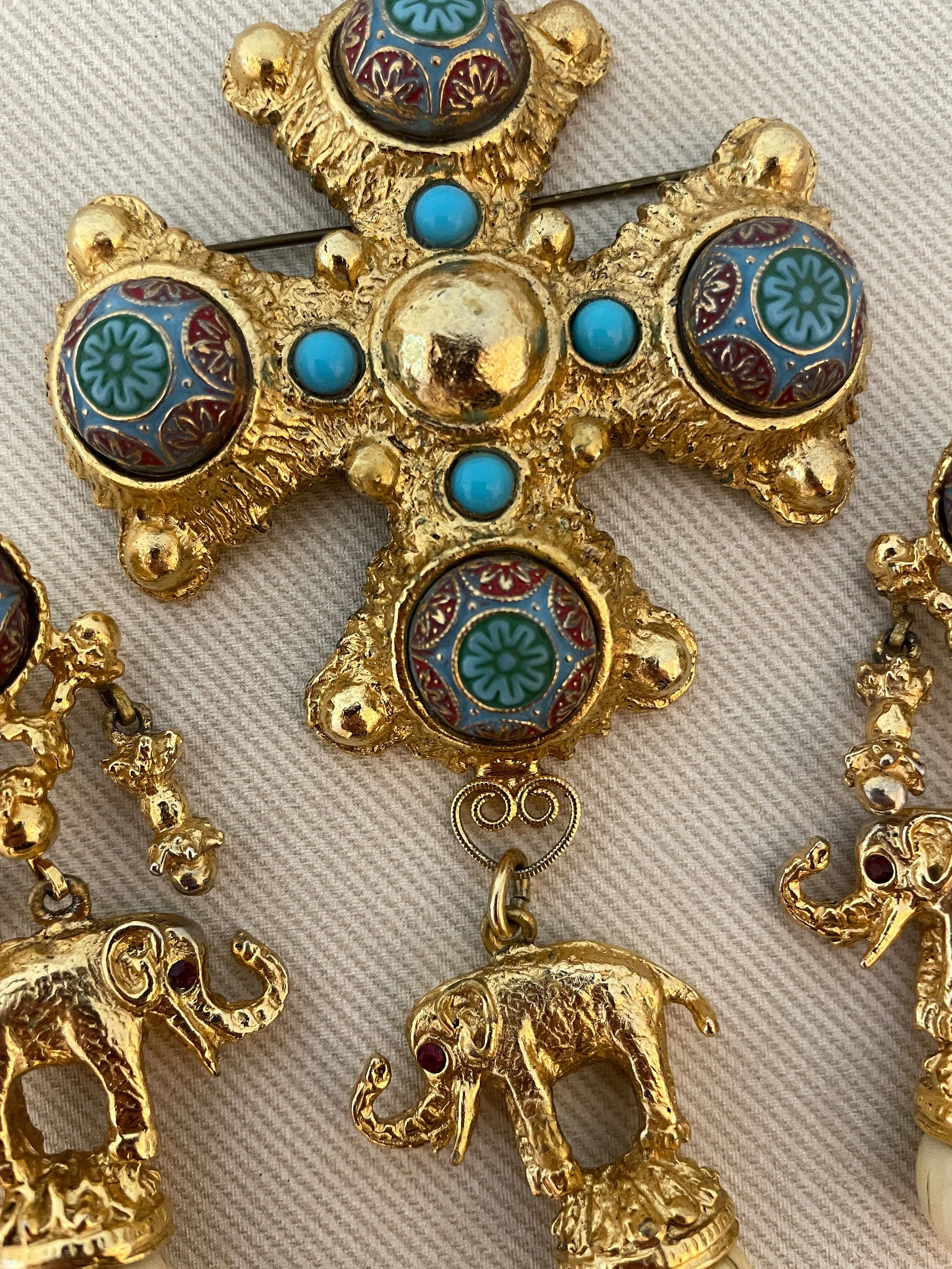 Incredible Byzantine Maltese Cross with Carved Faux Turquoise Cabochons and Lucky Elephant Motif Charms Vintage Jewelry Set - Image 3