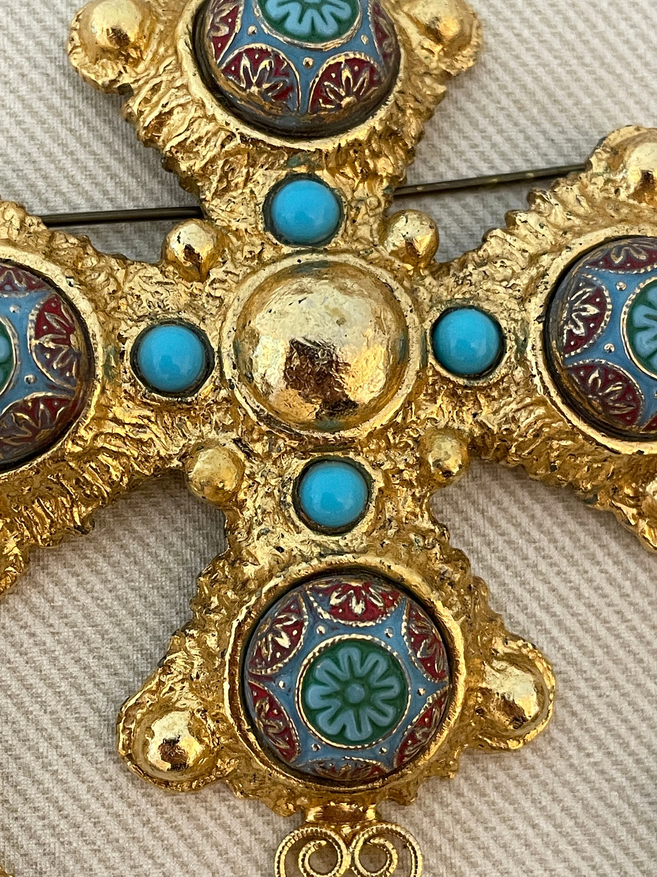 Incredible Byzantine Maltese Cross with Carved Faux Turquoise Cabochons and Lucky Elephant Motif Charms Vintage Jewelry Set - Image 4