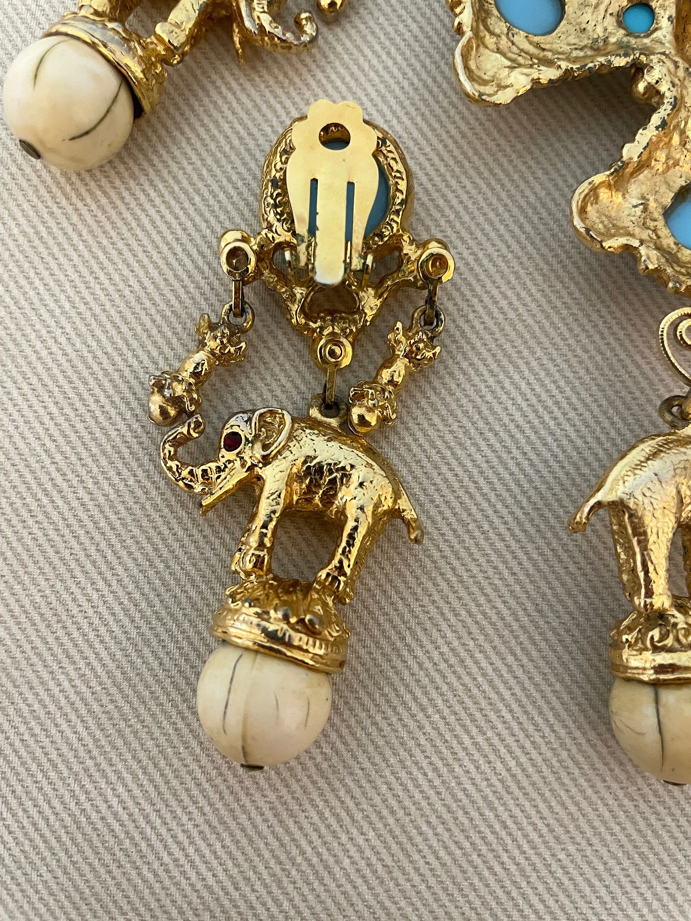 Incredible Byzantine Maltese Cross with Carved Faux Turquoise Cabochons and Lucky Elephant Motif Charms Vintage Jewelry Set - Image 6
