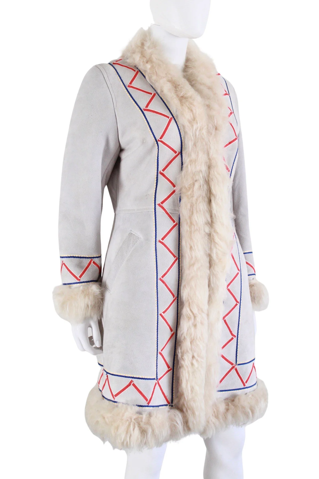 Incredible Late 60s / 70s Ice Blue Gray Suede Leather Embroidered Penny Lane Sherpa Coat - Image 7