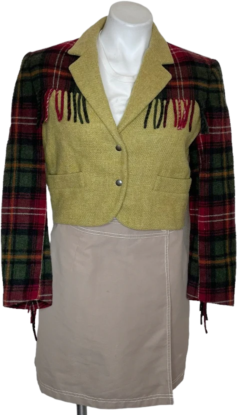 Italy Womens Wool Blazer Plaid Fringe Short Boxy