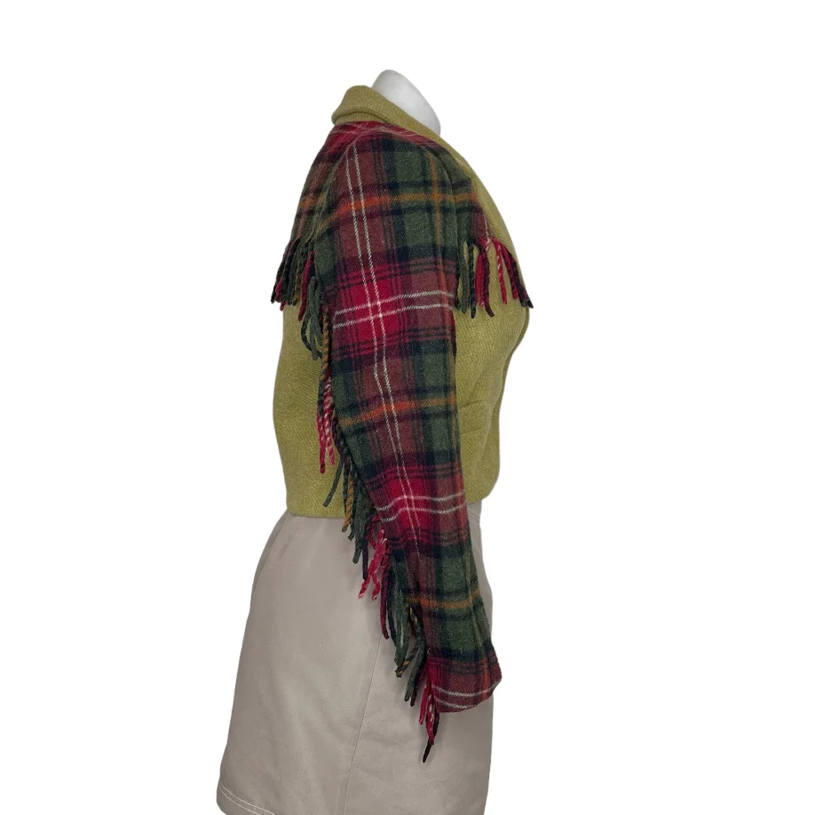 Italy Womens Wool Blazer Plaid Fringe Short Boxy - Image 3