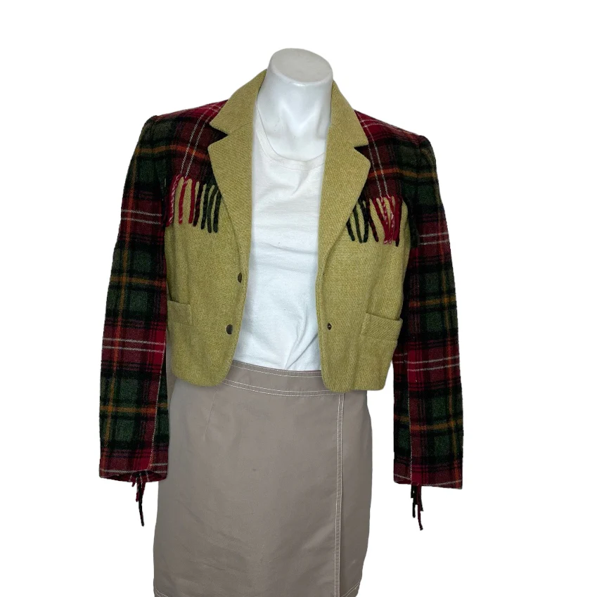 Italy Womens Wool Blazer Plaid Fringe Short Boxy - Image 8