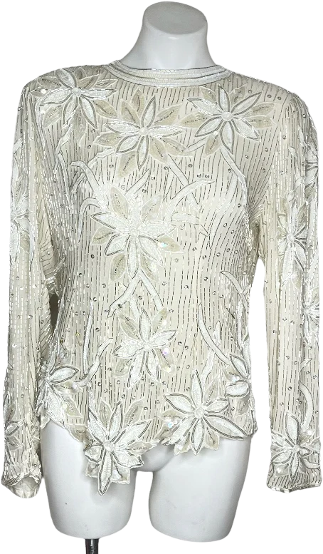 Ivory Beaded Silk Top Full Zipper Asymmetrical Hem By Neiman Marcus