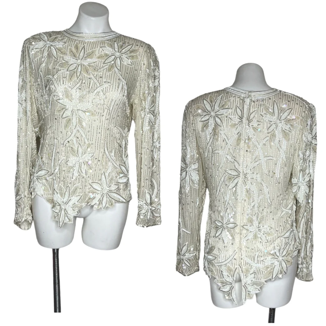 Ivory Beaded Silk Top Full Zipper Asymmetrical Hem By Neiman Marcus - Image 12