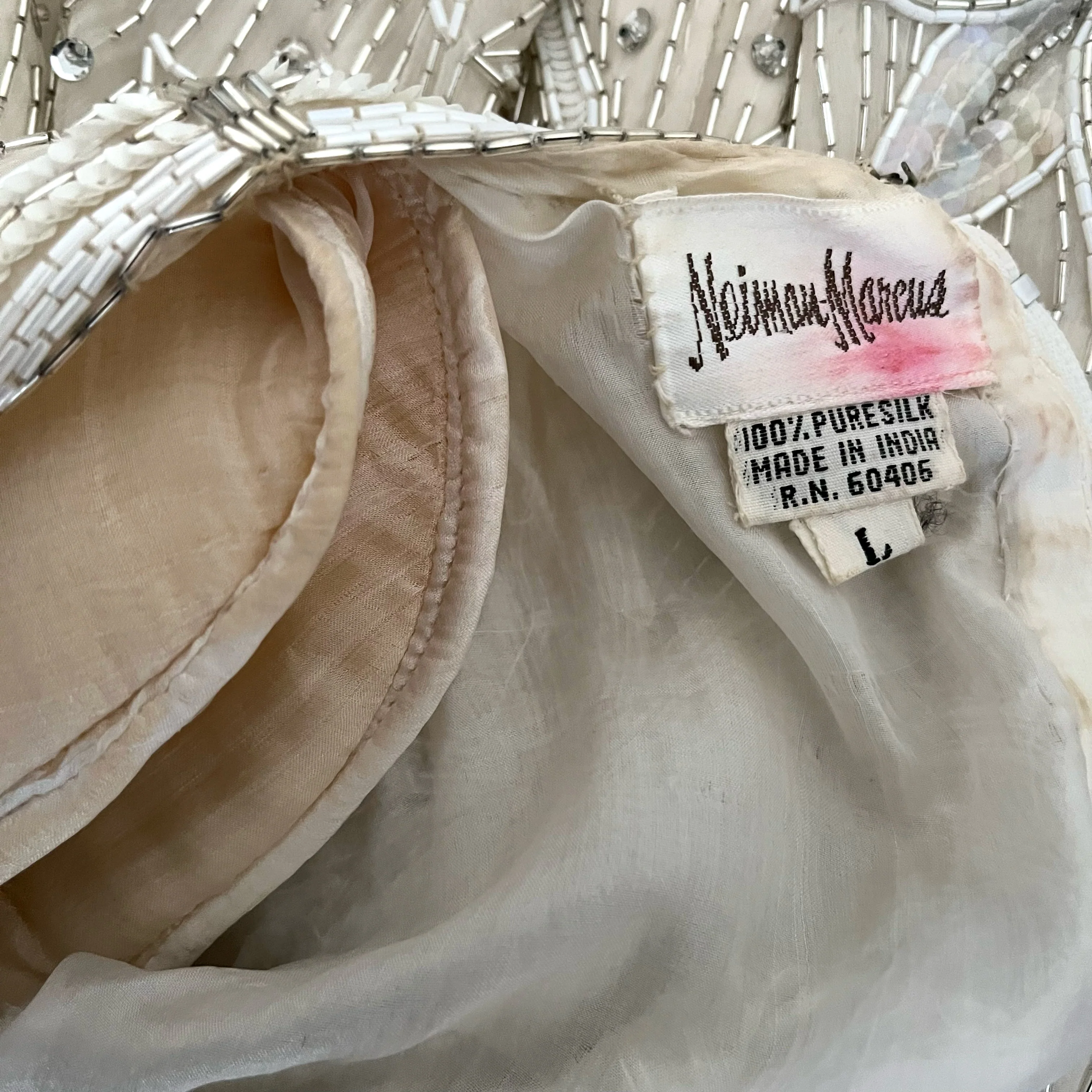 Ivory Beaded Silk Top Full Zipper Asymmetrical Hem By Neiman Marcus - Image 6