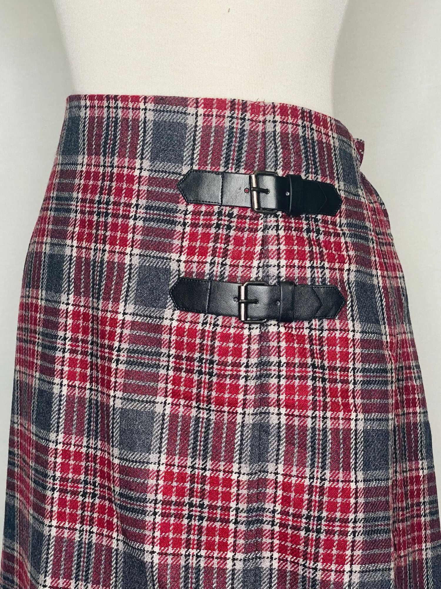 Jessica London Vintage Maxi Skirt Wool Plaid Belt Buckle Accents Red Gray 1 by Jessica London - Image 11