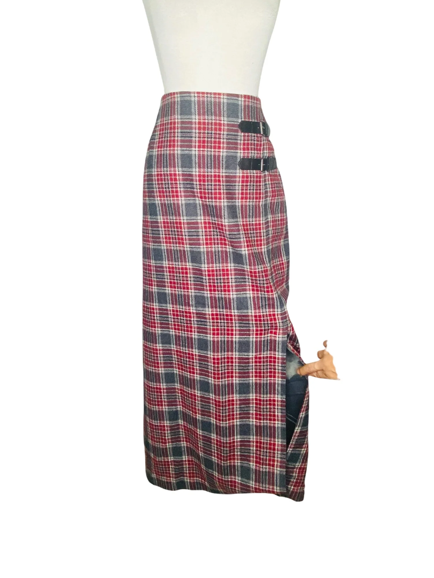Jessica London Vintage Maxi Skirt Wool Plaid Belt Buckle Accents Red Gray 1 by Jessica London - Image 2