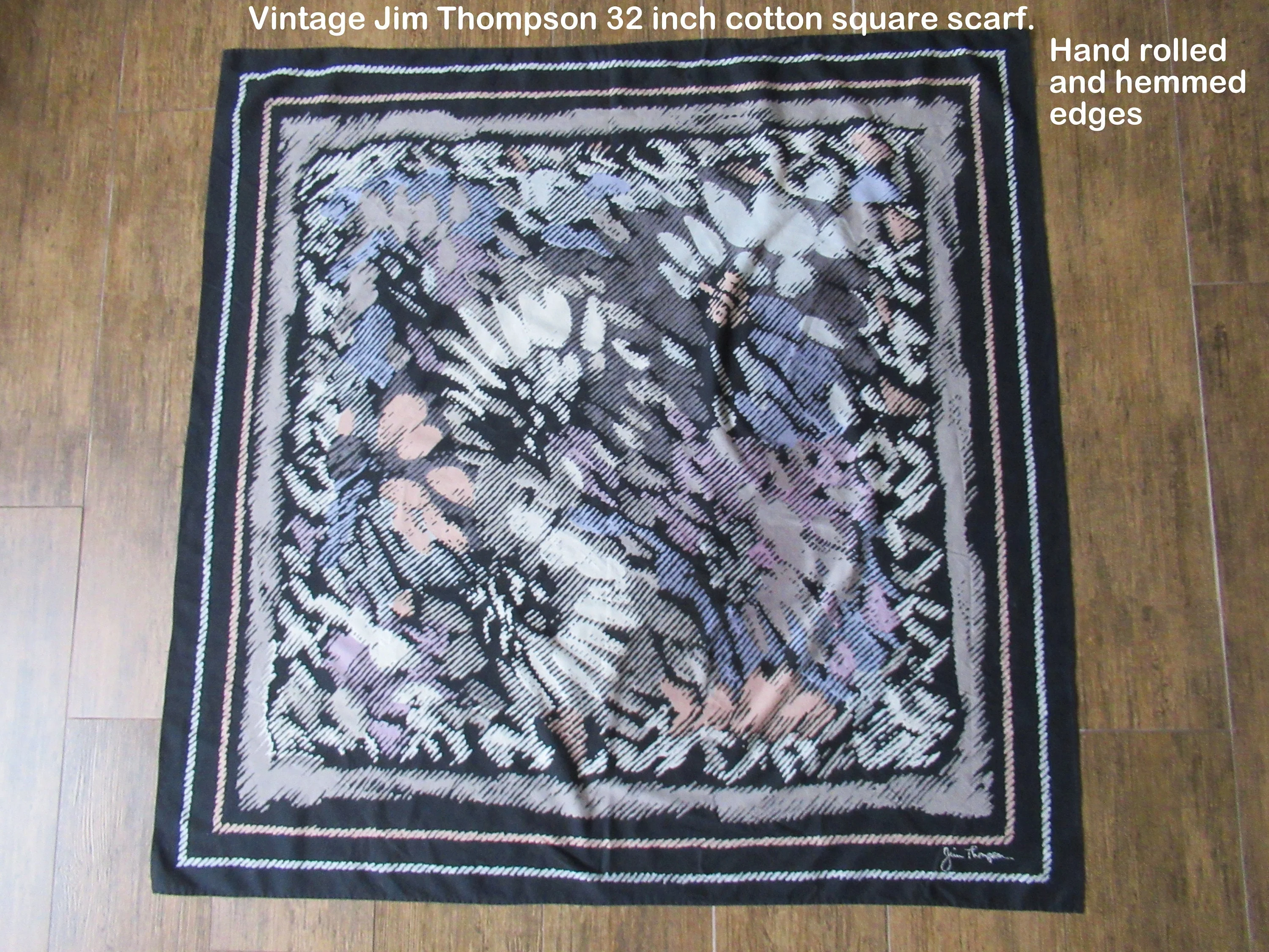 Jim Thompson Scarf Soft Cotton Square Abstract Floral Design Hand Rolled and Hemedges Gray Taupe Mauve Cream Colors by Jim Thompson - Image 4