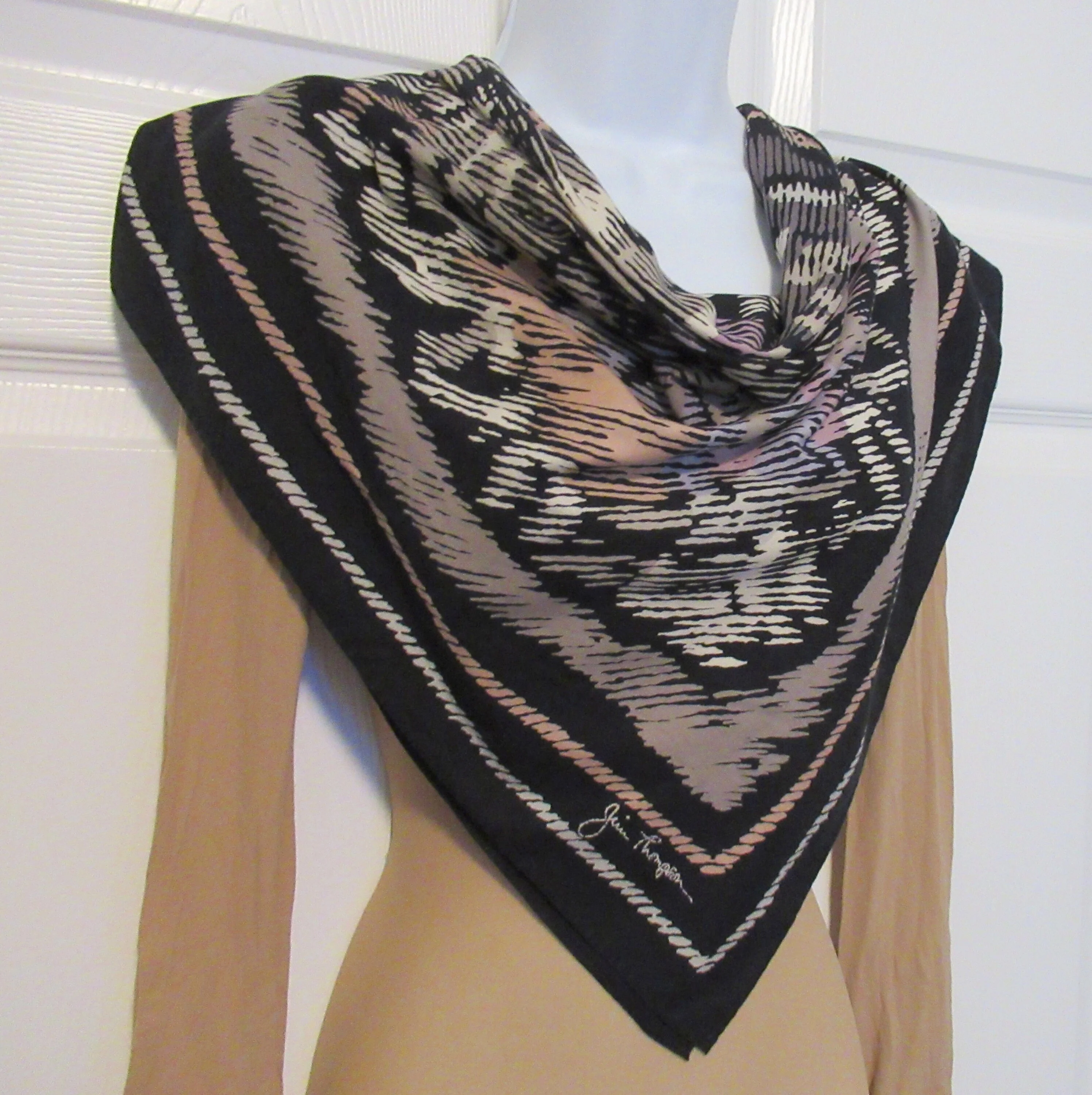 Jim Thompson Scarf Soft Cotton Square Abstract Floral Design Hand Rolled and Hemedges Gray Taupe Mauve Cream Colors by Jim Thompson - Image 7