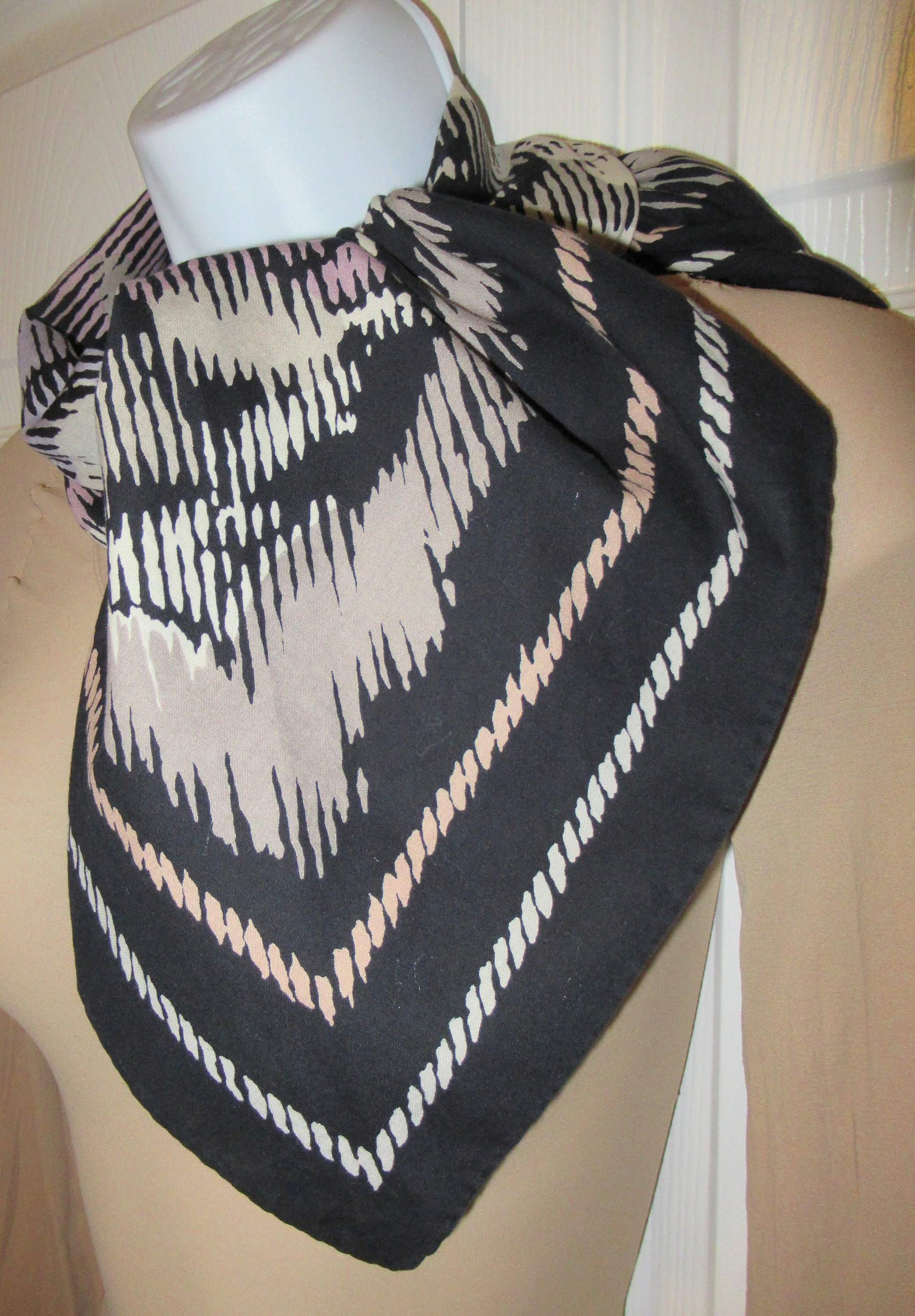 Jim Thompson Scarf Soft Cotton Square Abstract Floral Design Hand Rolled and Hemedges Gray Taupe Mauve Cream Colors by Jim Thompson - Image 9