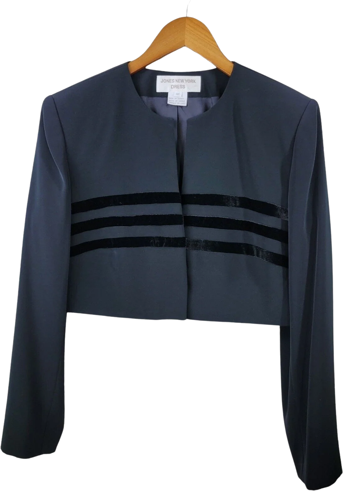 Jones Ny Size 12 Crop Jacket Blazer Open Front Black Classic Professional Career by Jones Ny