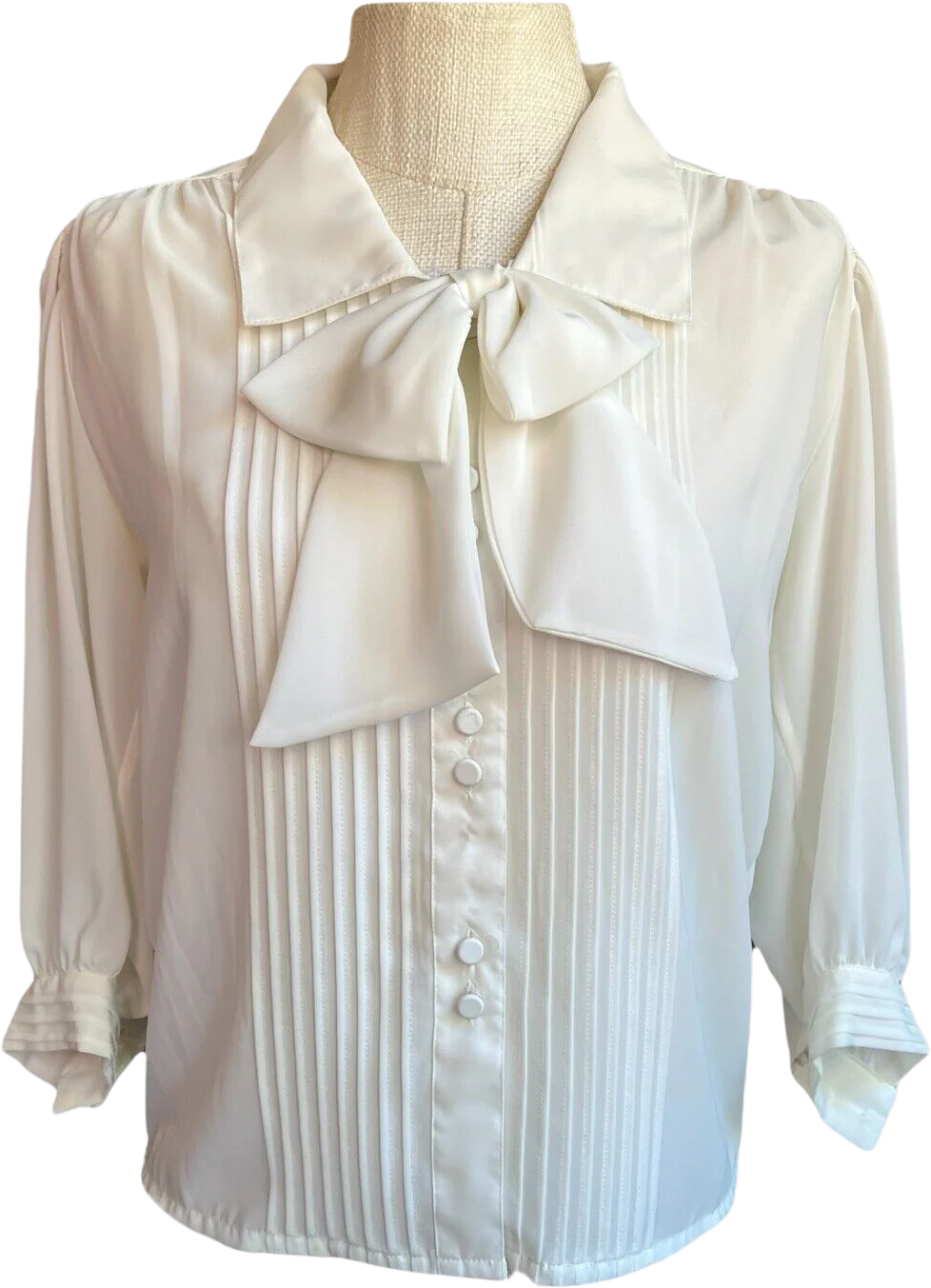 Josephine Vintage 70s White Sheer Pleated Pussy Bow Button Shirt Blouse Size 10 by Josephine