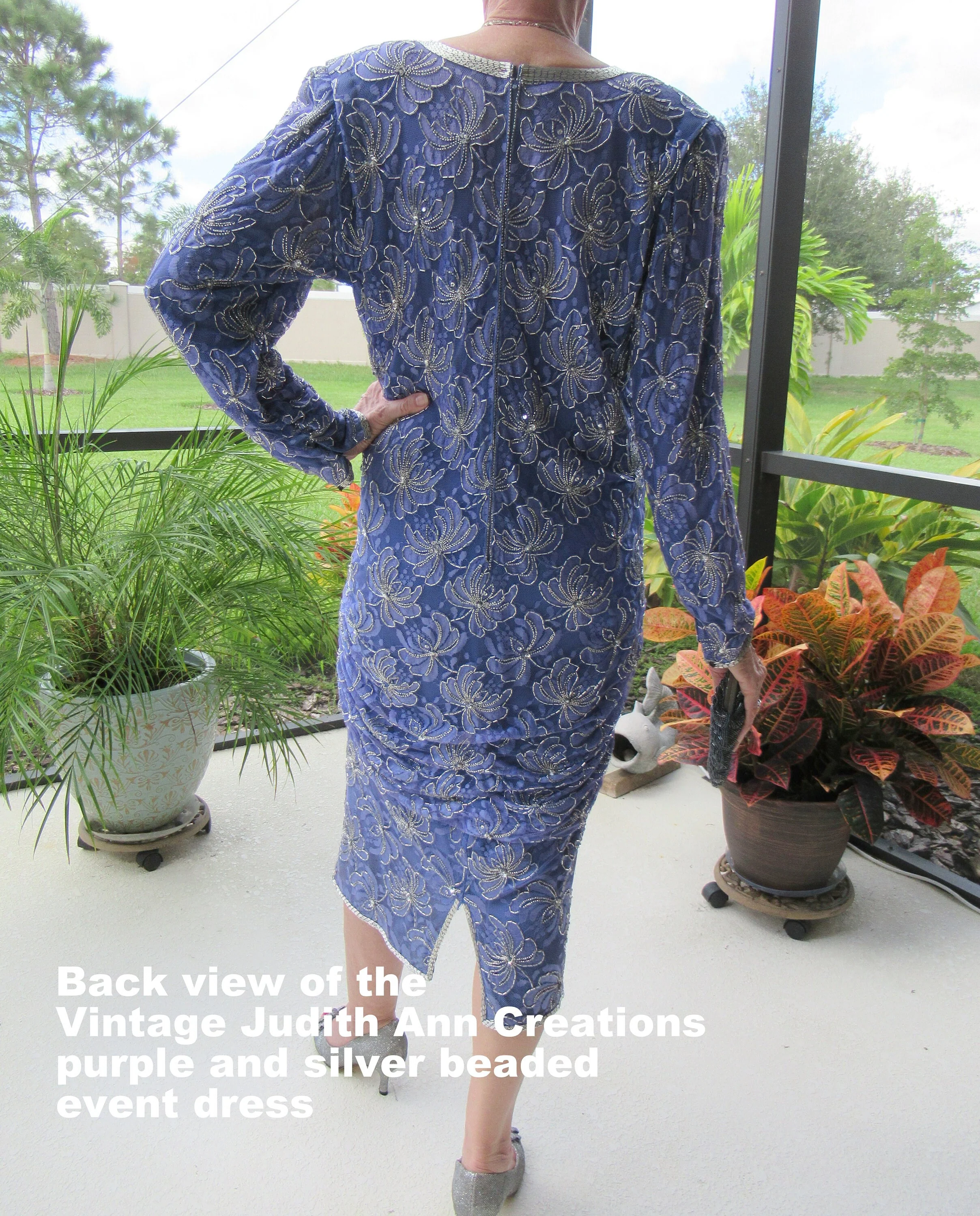 Judith Ann Dress Silver Beads On Purple Rayon Long Dolman Sleeve 20s Deco Downton Abbey Chic Long Sleeves by Judith Ann Creations - Image 10