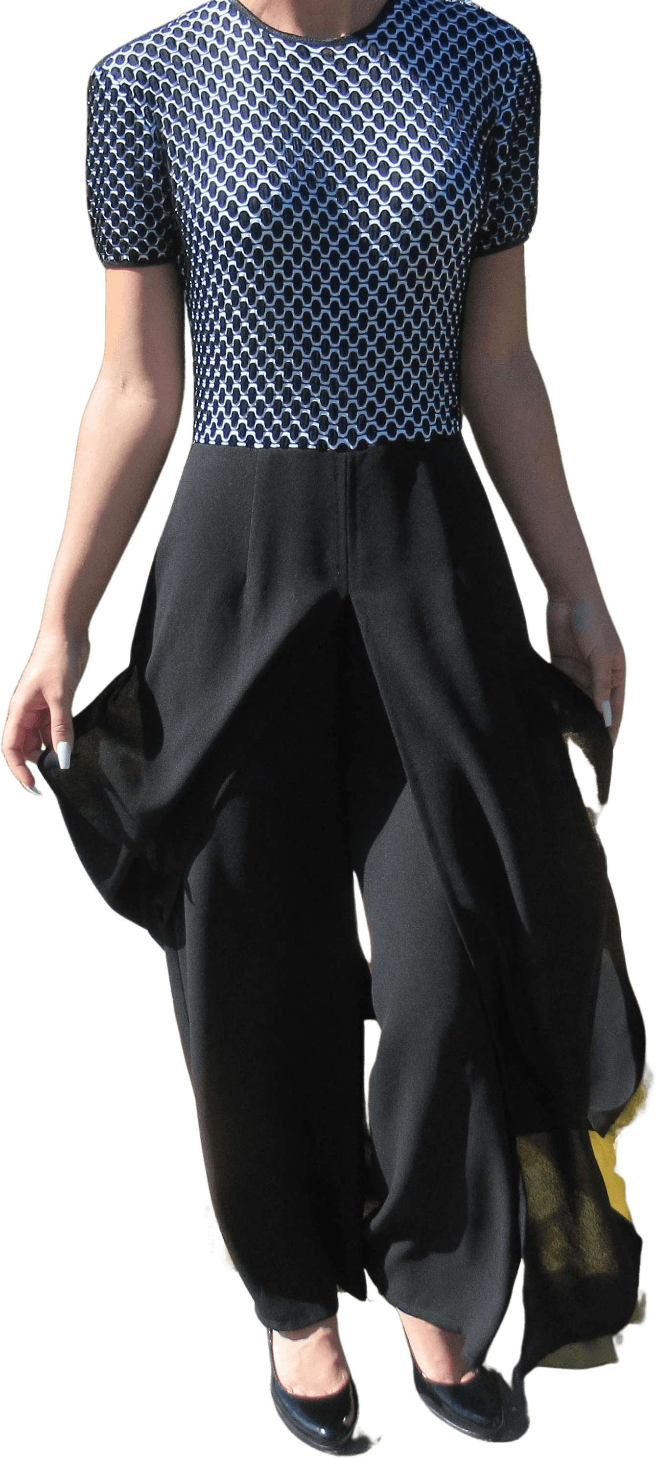 Jumpsuit Joseph Ribkoff Black White Bodycon Short Sleeves Black Legs 4 Front and Back Sheer Panels Made In Canada Vintage by Joseph Ribkoff