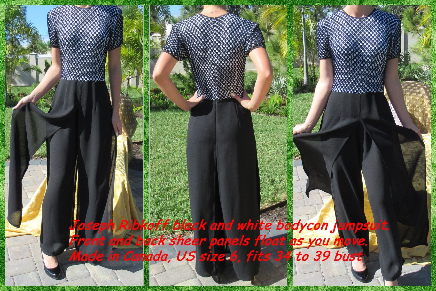 Jumpsuit Joseph Ribkoff Black White Bodycon Short Sleeves Black Legs 4 Front and Back Sheer Panels Made In Canada Vintage by Joseph Ribkoff - Image 6