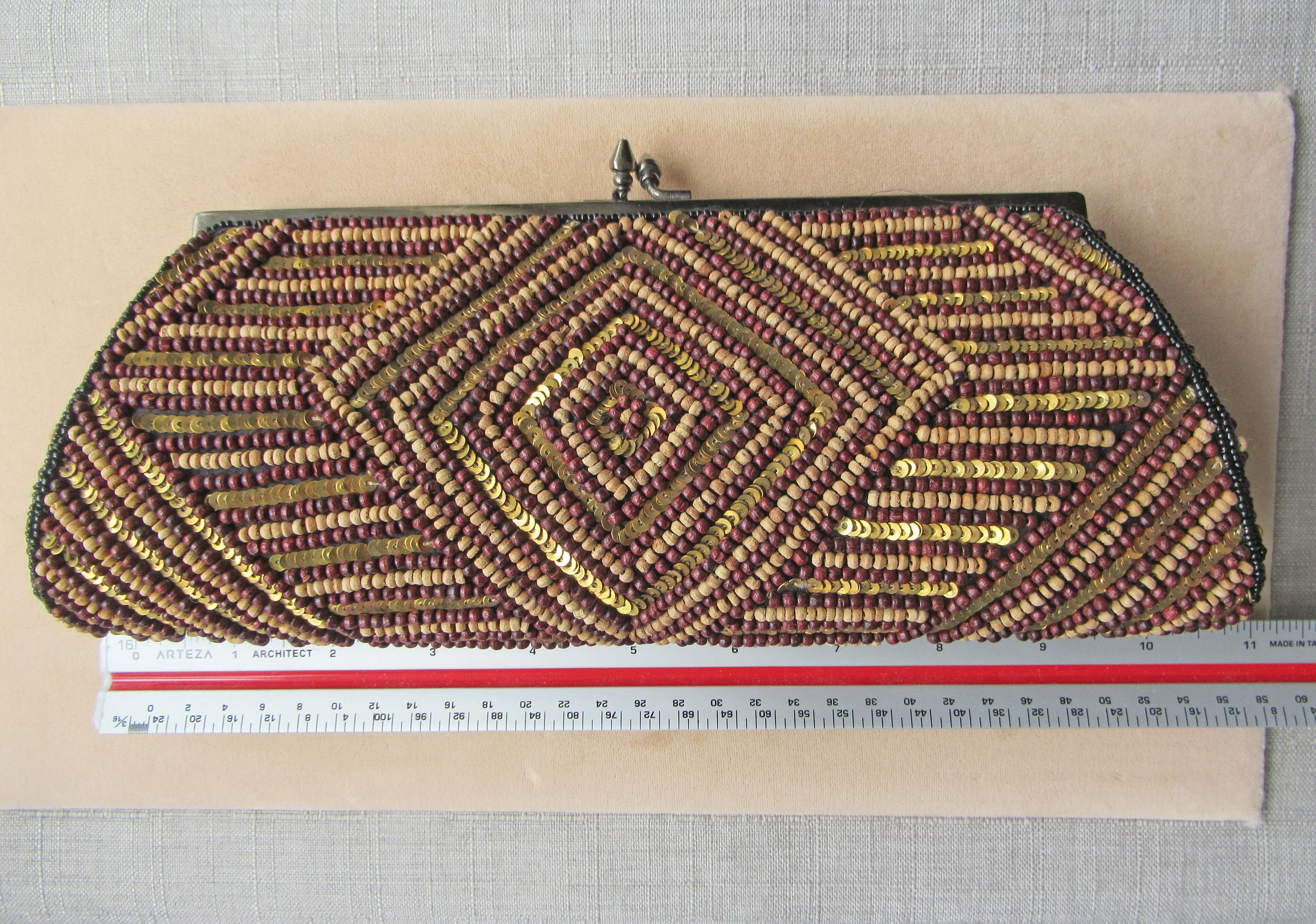 Beaded Clutch 11 by 4 Purse Hideaway Chain Brown Beige Gold Geometric Design Beads Both Sides Lined by KC Malhan - Image 2