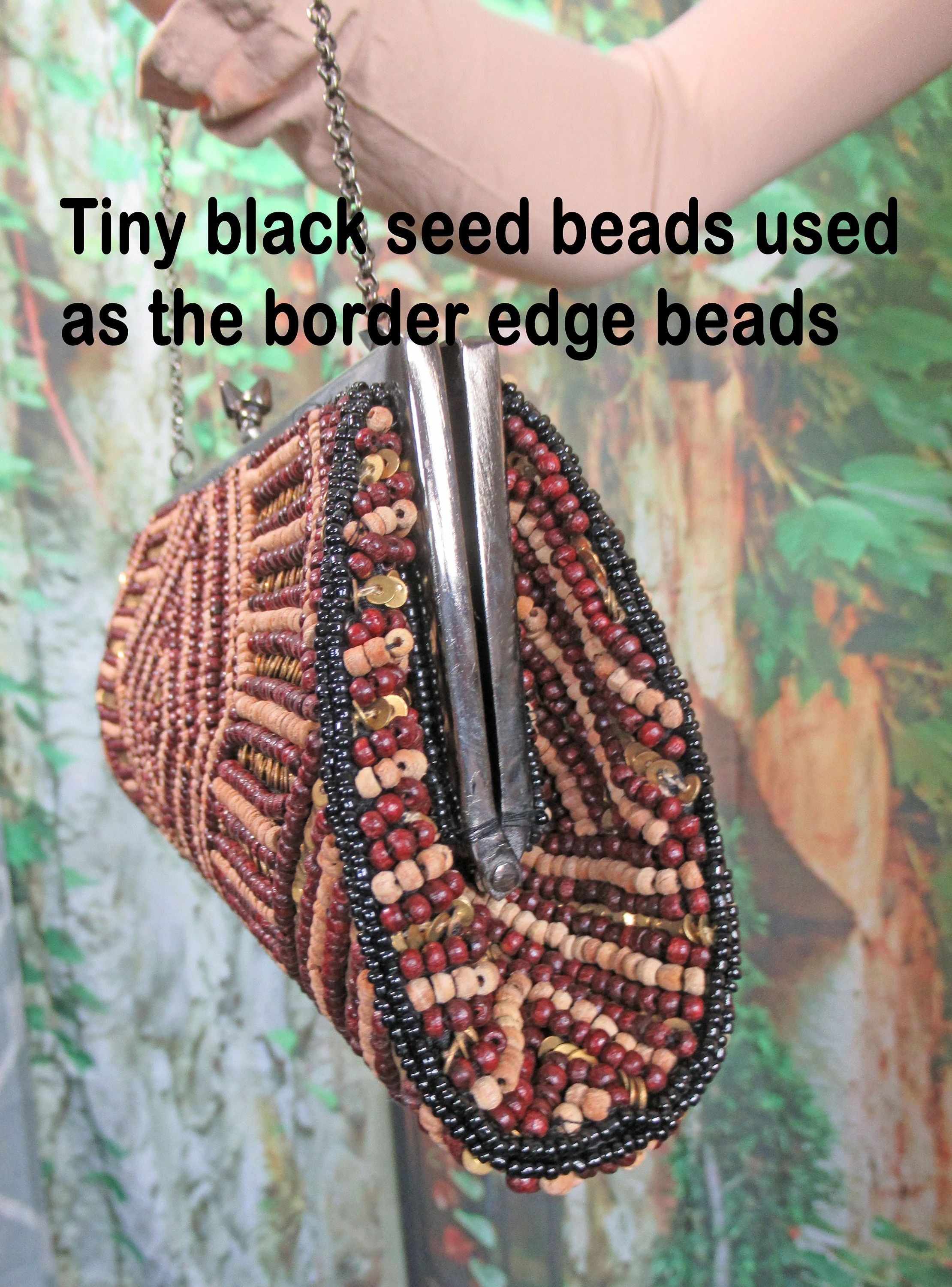 Beaded Clutch 11 by 4 Purse Hideaway Chain Brown Beige Gold Geometric Design Beads Both Sides Lined by KC Malhan - Image 5