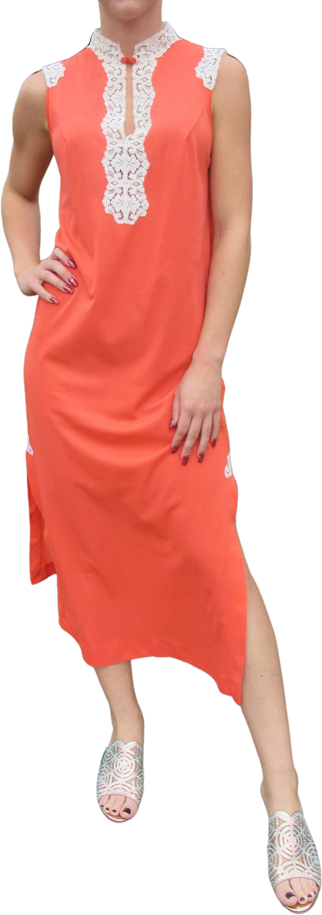 Kayser Gown Nightgown Orange Nylon Style Beige Lace Keyhole Bodice Side Slit Unique by Kayser