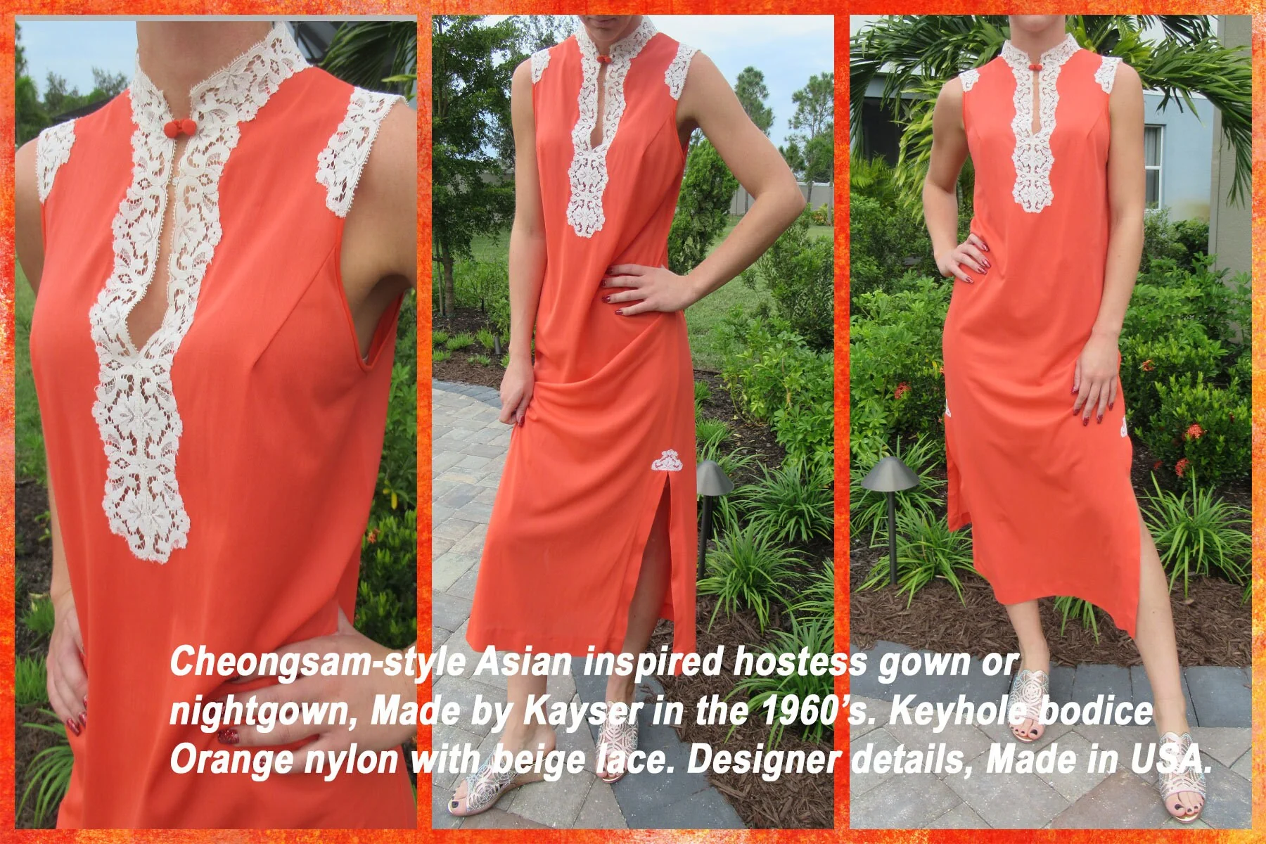 Kayser Gown Nightgown Orange Nylon Style Beige Lace Keyhole Bodice Side Slit Unique by Kayser - Image 2