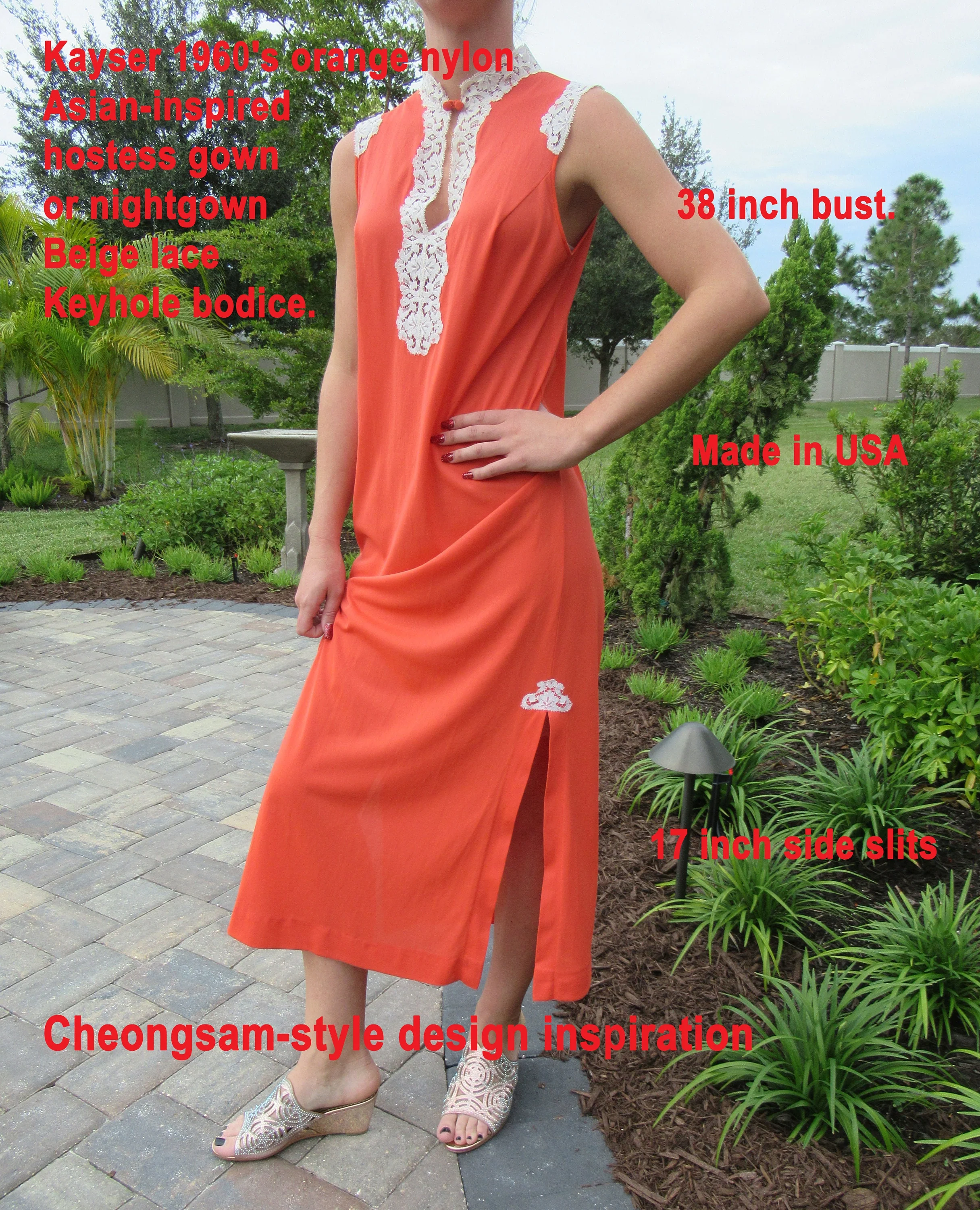Kayser Gown Nightgown Orange Nylon Style Beige Lace Keyhole Bodice Side Slit Unique by Kayser - Image 3