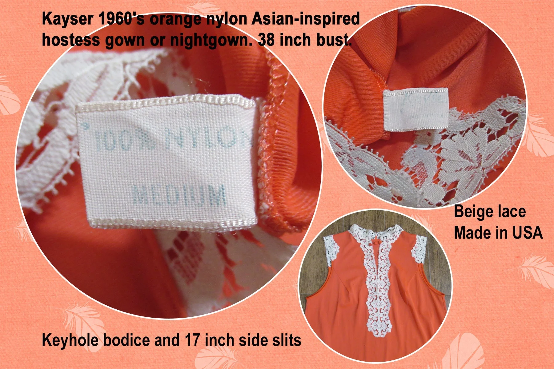 Kayser Gown Nightgown Orange Nylon Style Beige Lace Keyhole Bodice Side Slit Unique by Kayser - Image 4